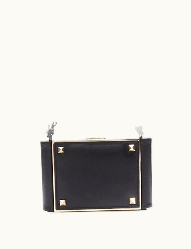 Valentino Valentino Black Leather Gold Rockstud Metal Frame Minaudiere Clasp Clutch Bag