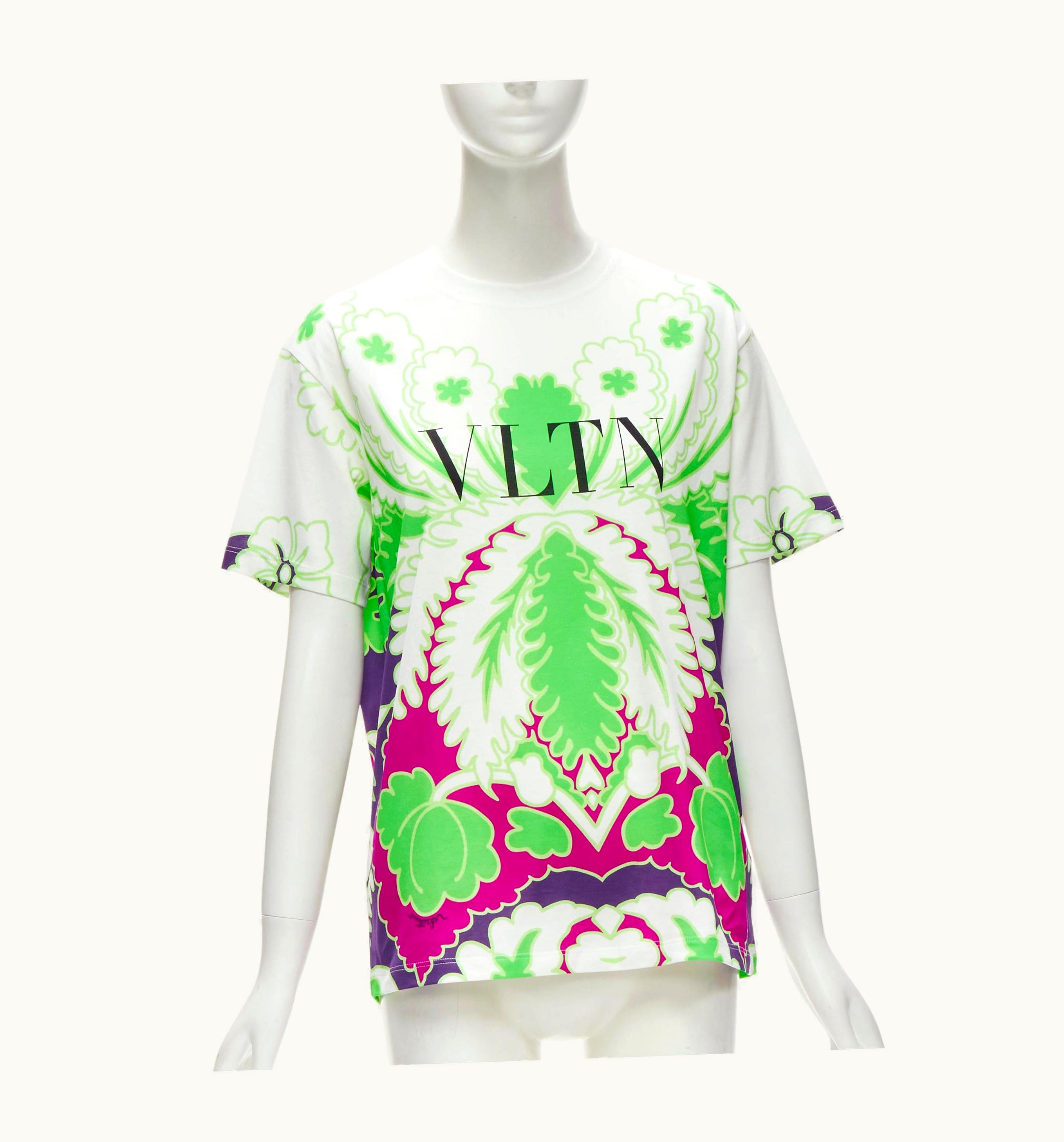 Valentino Valentino Vltn White Neon Green Purple Floral Print Cotton Tshirt