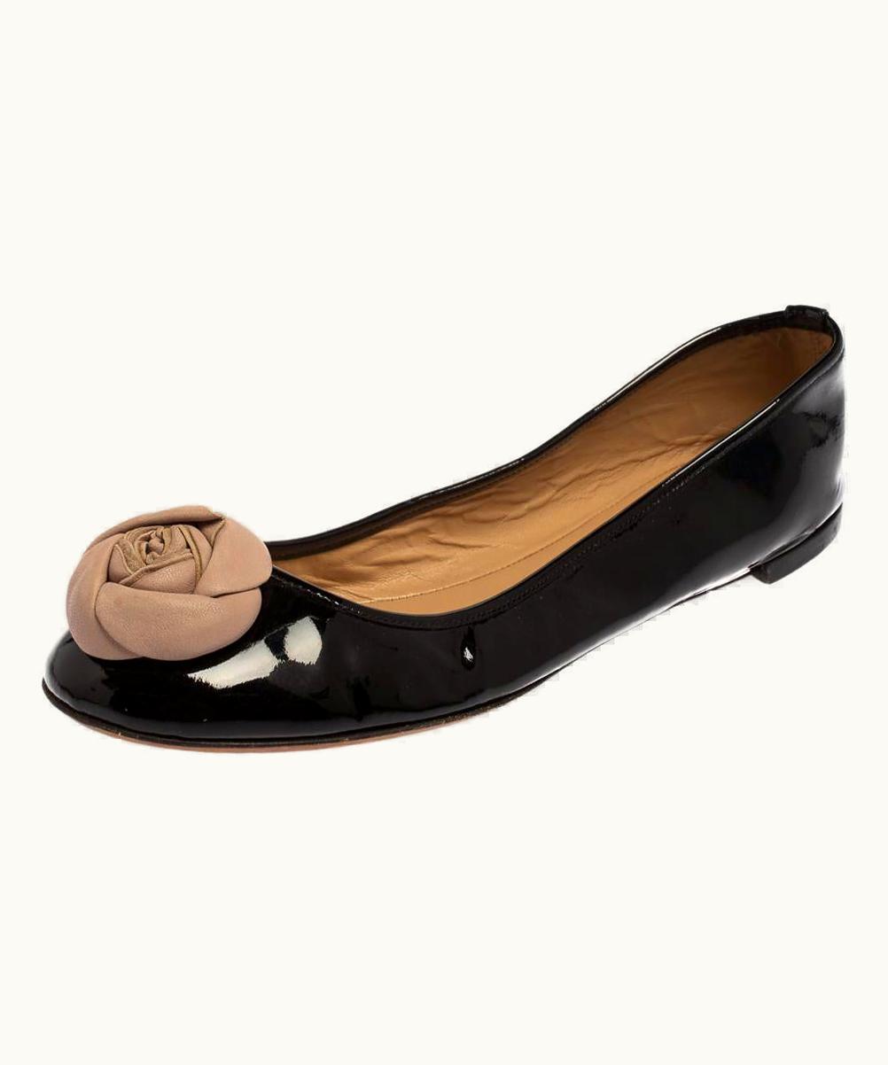 Valentino Valentino Black/Beige Patent And Leather Roses Ballet Flats