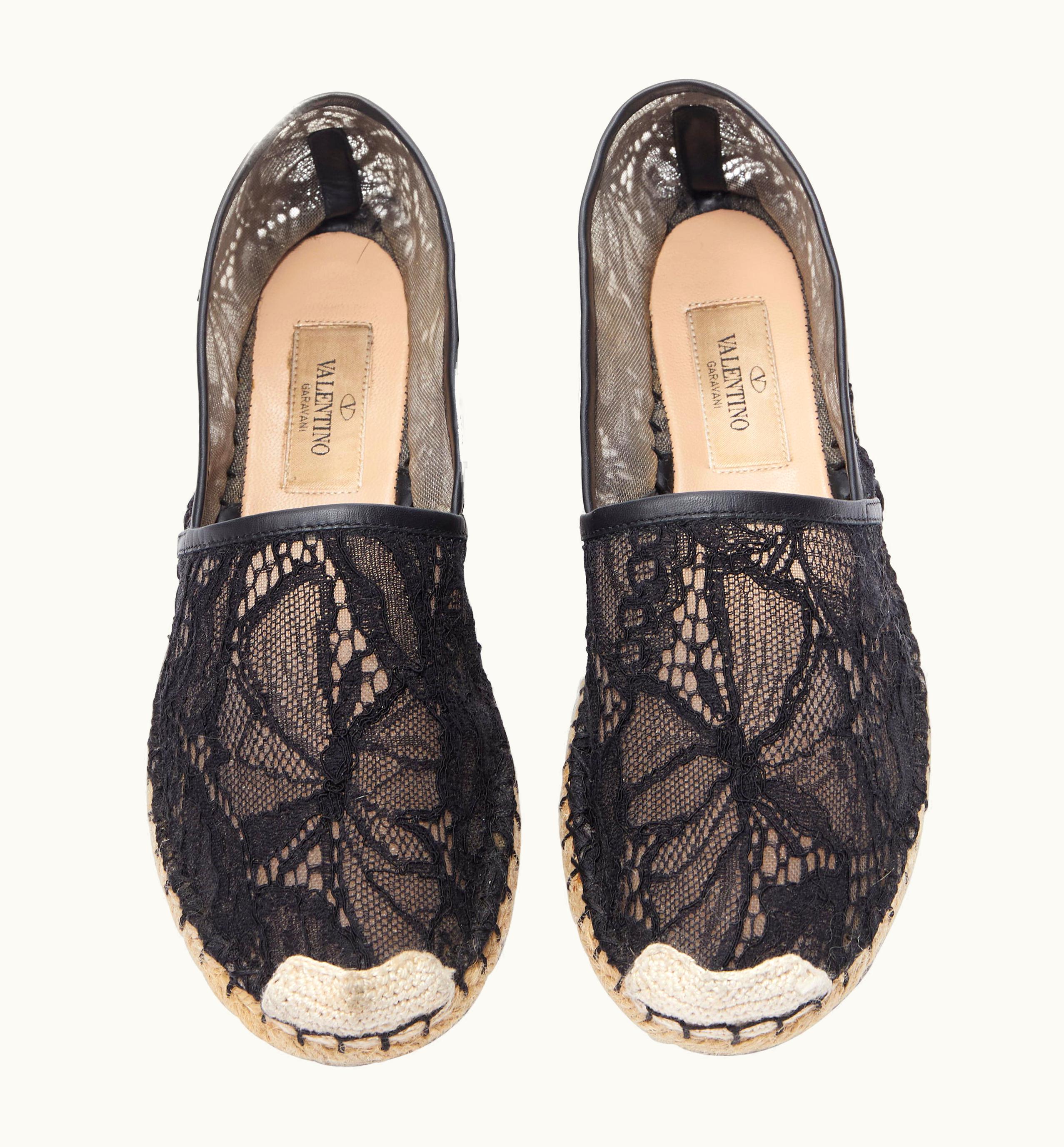 Valentino Valentino Black Sheer Floral Lace Jute Sole Summer Espadrille Shoes