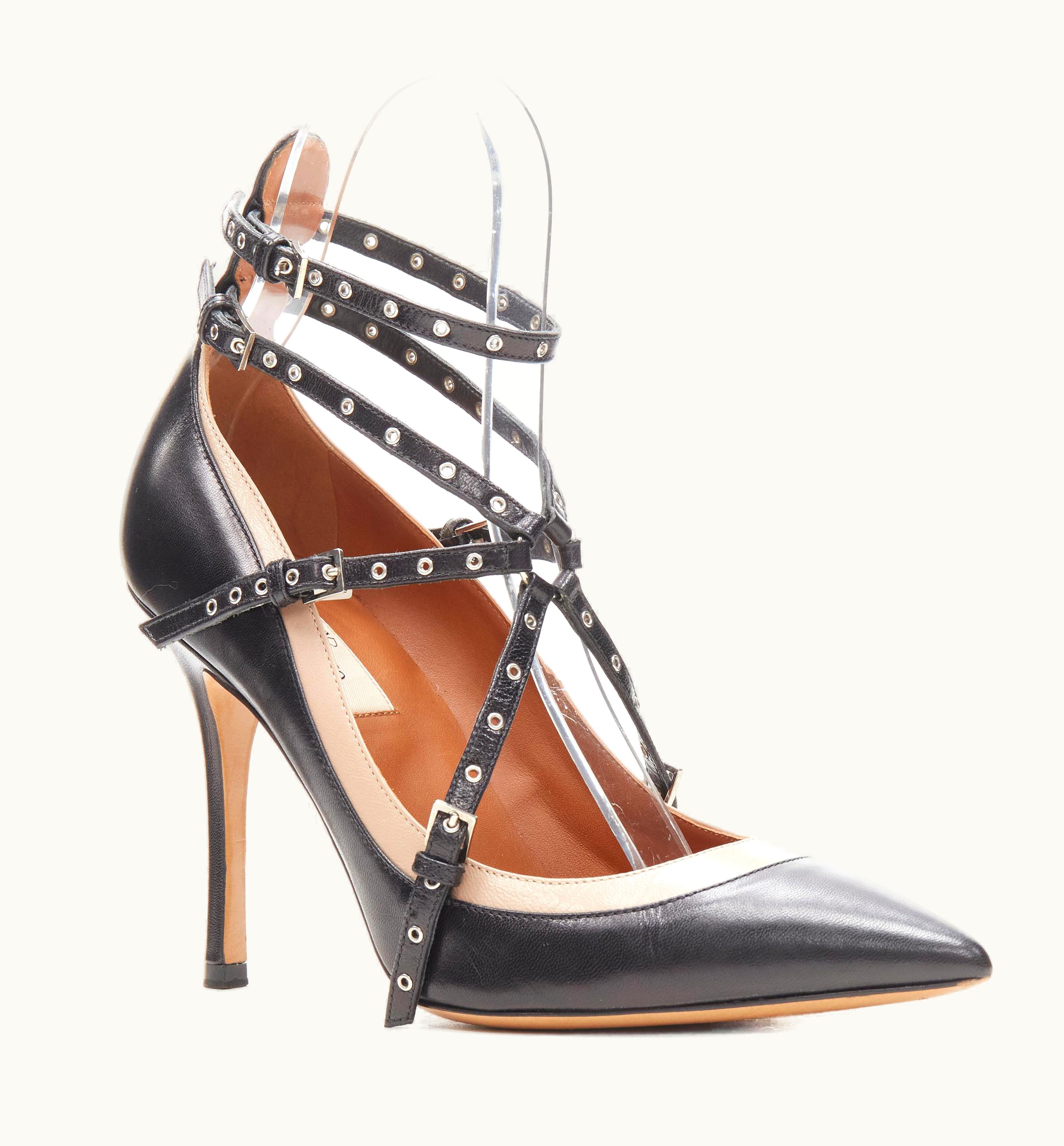 Valentino Valentino Black Beige Leather Silver Grommet Stud Bondage Harness Pump