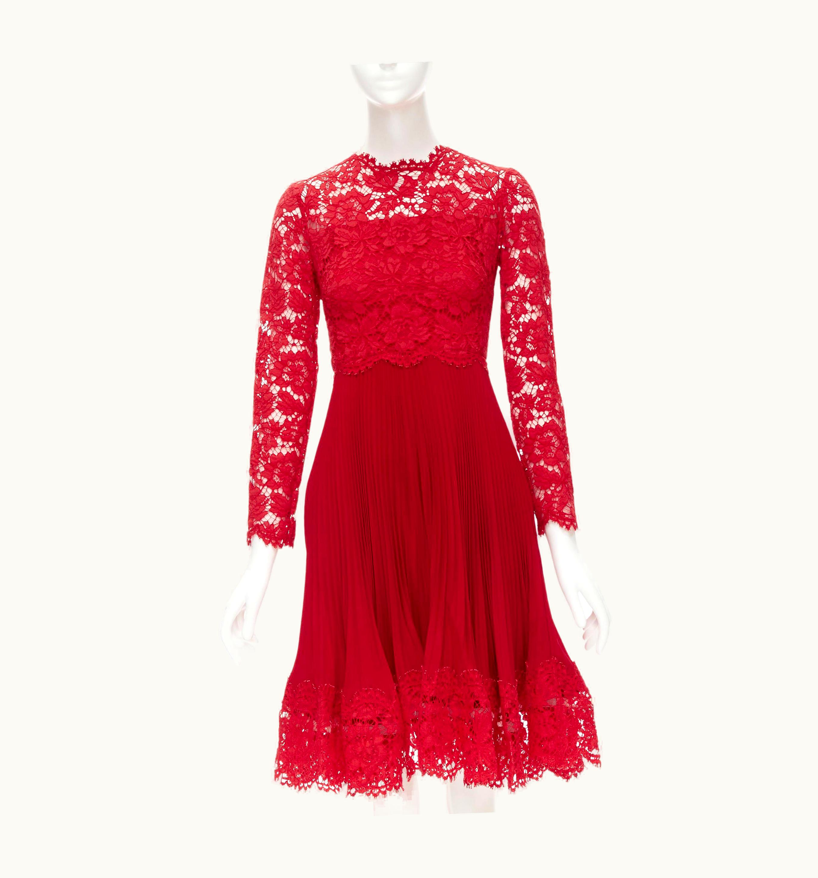 Valentino Valentino Red Floral Lace Knife Pleat Skirt Cocktail Dress