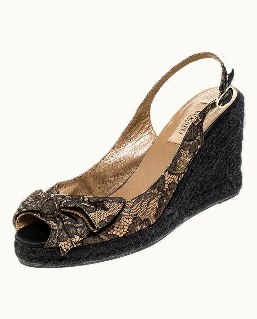Valentino Valentino Black/Beige Lace Bow Slingback Wedge Espadrille Sandals
