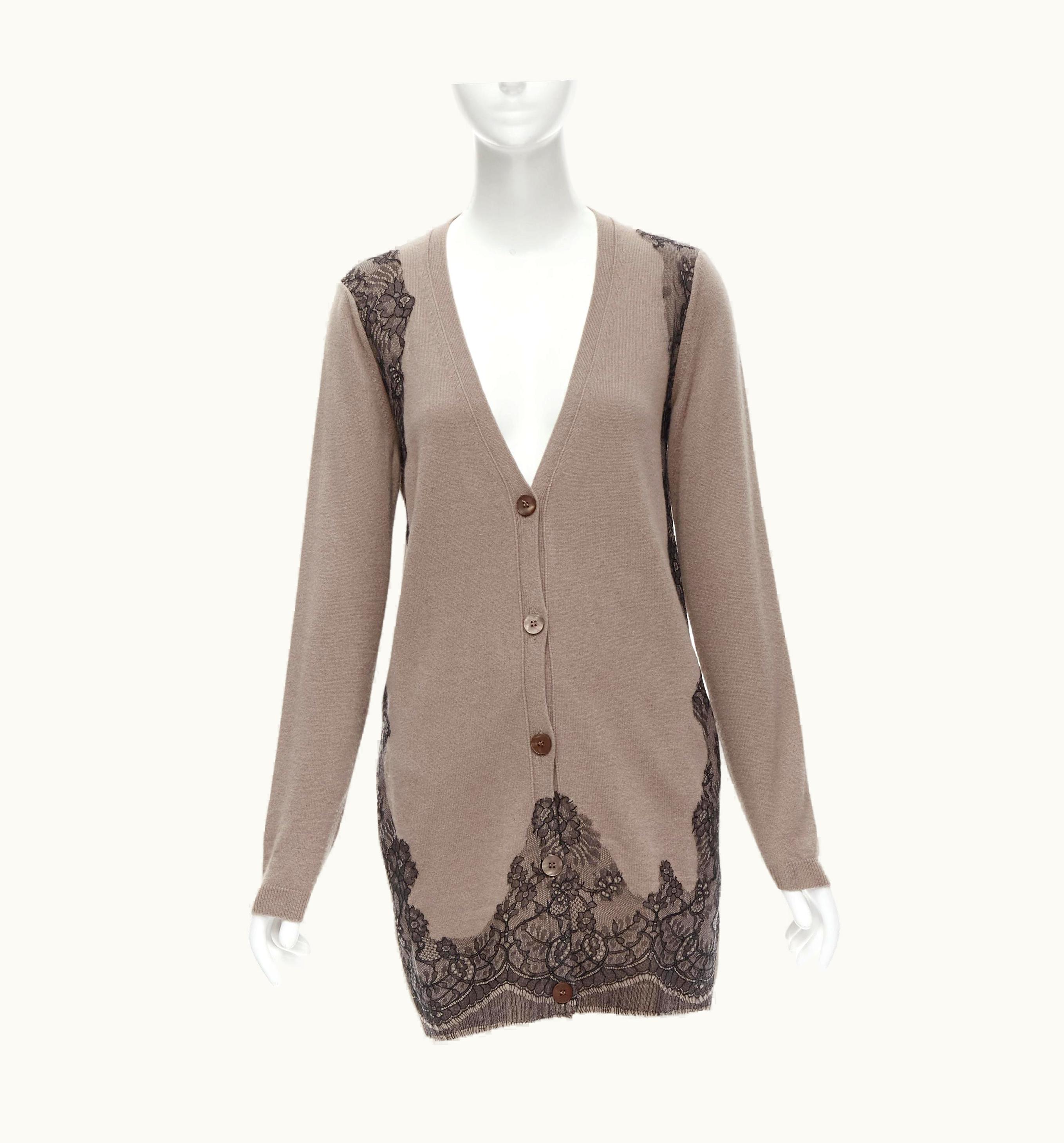 Valentino Valentino Merino Wool Silk Cashmere Taupe Black Lace Applique Cardigan