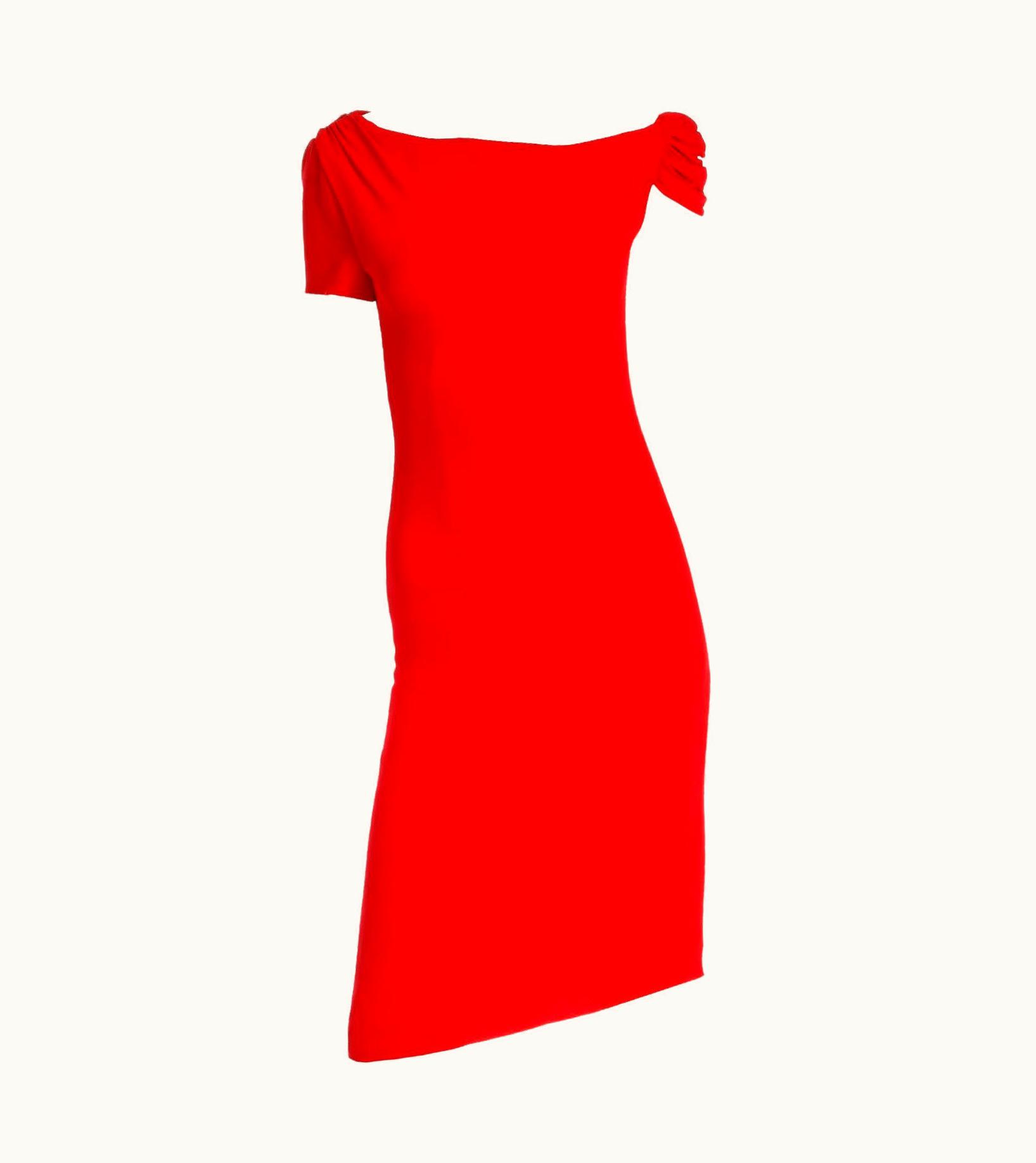 Valentino Valentino Garavani 2000s Red Silk Crepe Asymmetrical Sleeve Day Or Evening Dress
