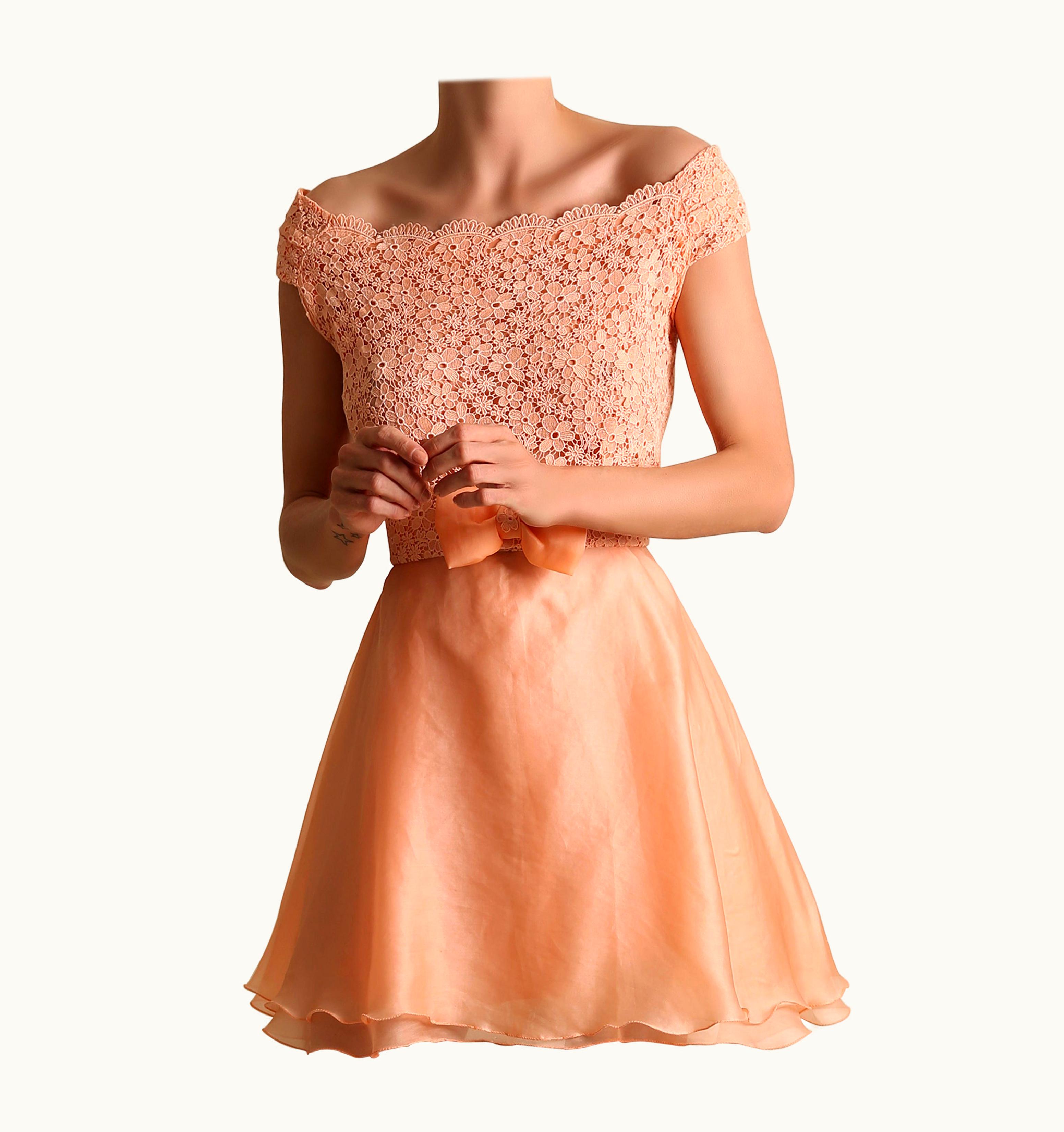 Valentino Vintage Valentino Sleeveless Lace Peach Pink Babydoll Flared Mini Cocktail Dress