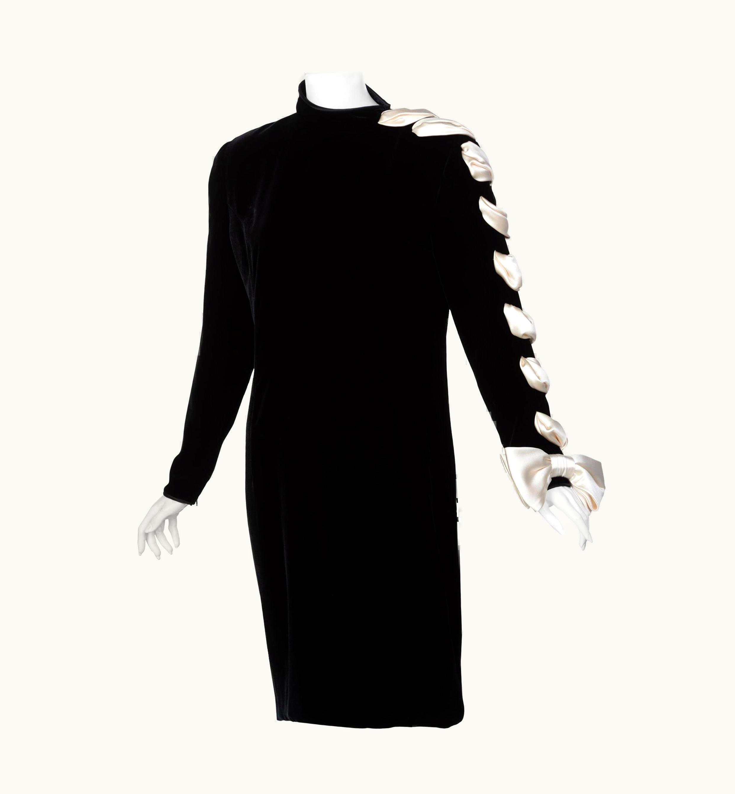 Valentino Valentino Black Velvet Ivory Satin Ribbon Bow Dress, 1980s
