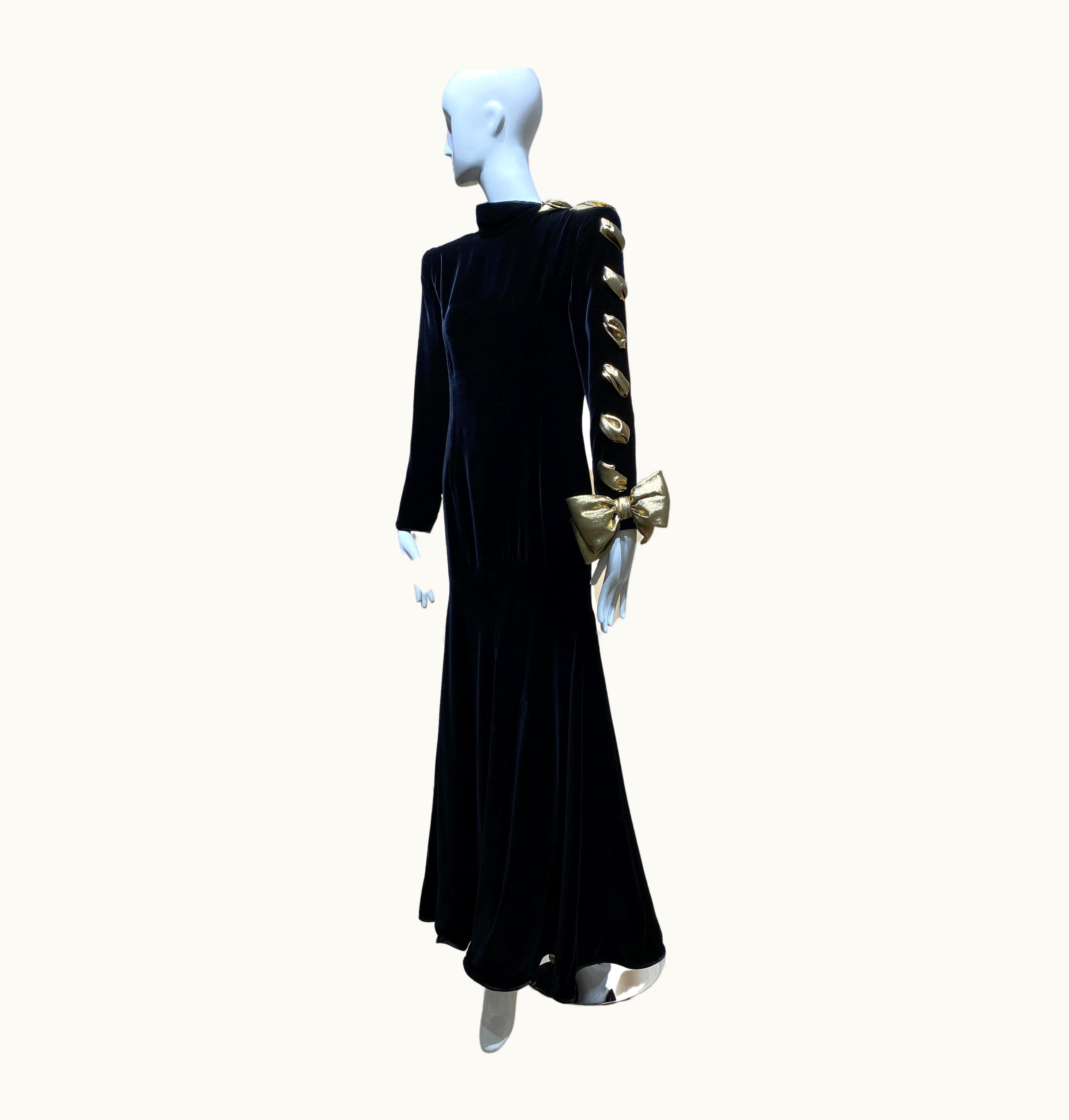 Valentino 1980s Valentino Black Velvet Long Sleeve Gown With Gold Bow