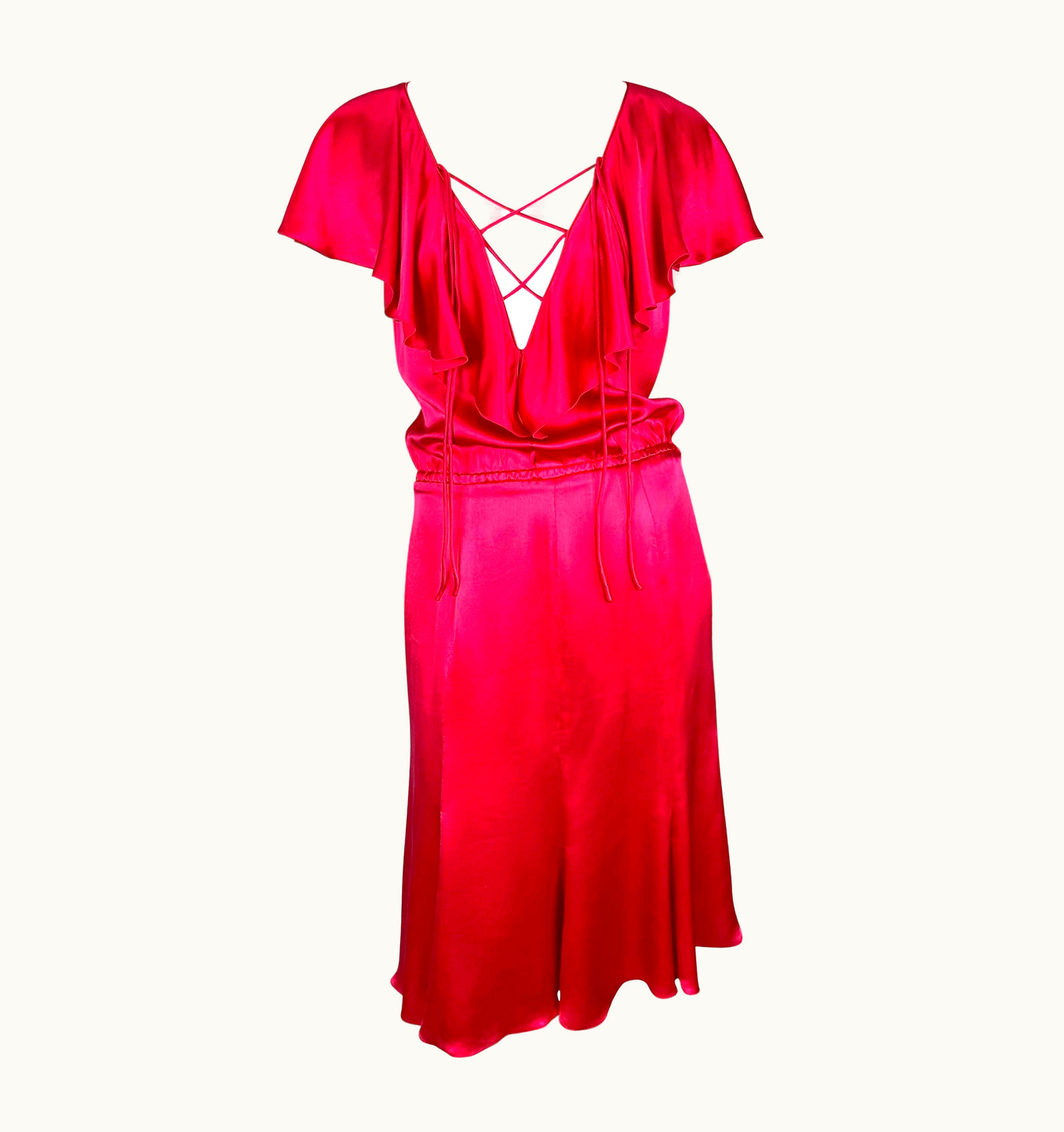 Valentino 2000s Valentino Garavani Hot Pink Silk Satin Ruffle Plunge Tie-Front Flare Dress