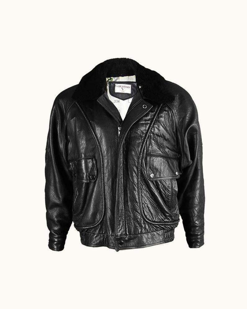 Valentino Valentino Uomo Men' Leather Aviator Jacket With Shearling Collar, 1980s