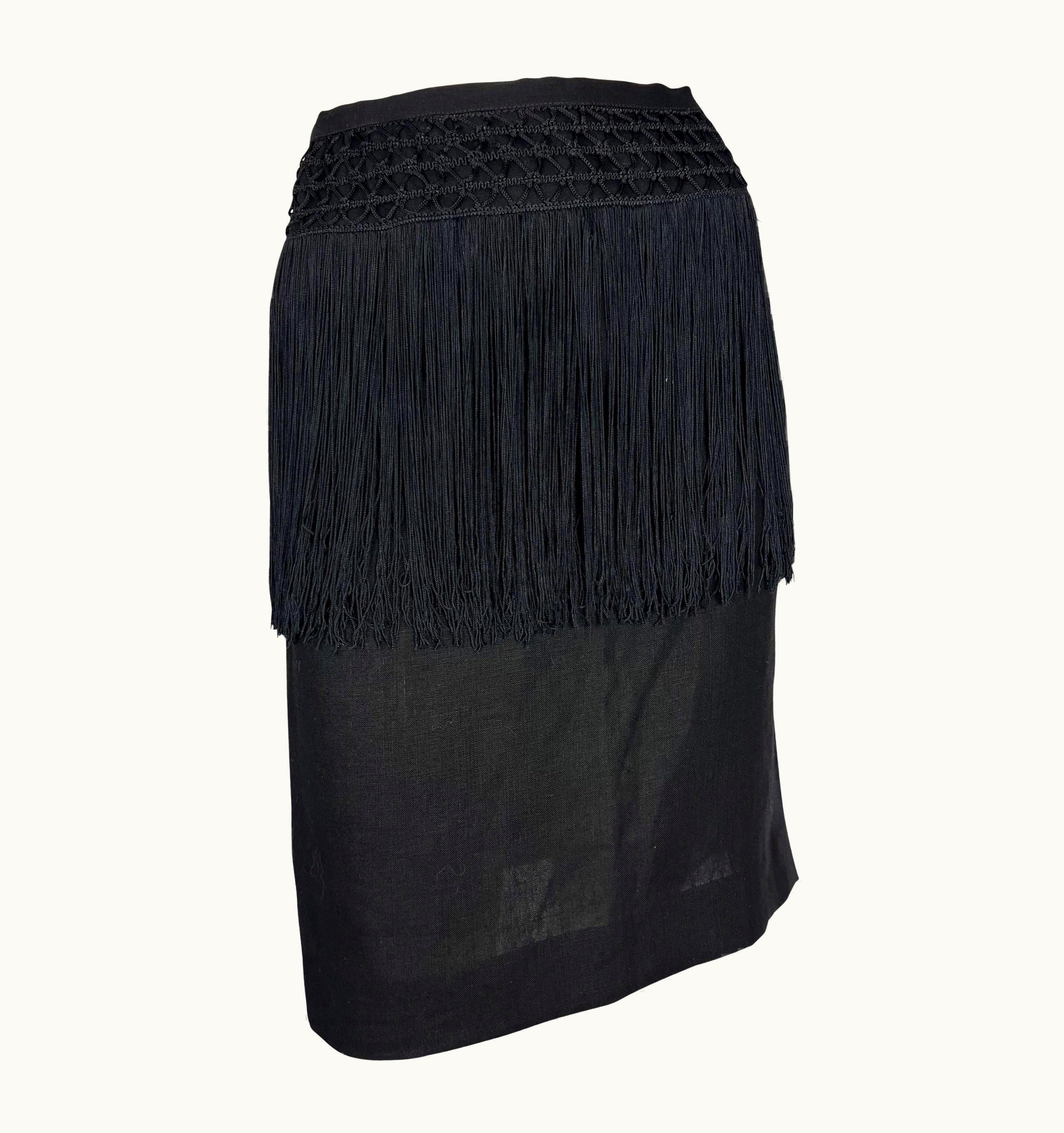 Valentino Early 1990s Valentino Garavani Fringe Knit Black Linen Pencil Skirt
