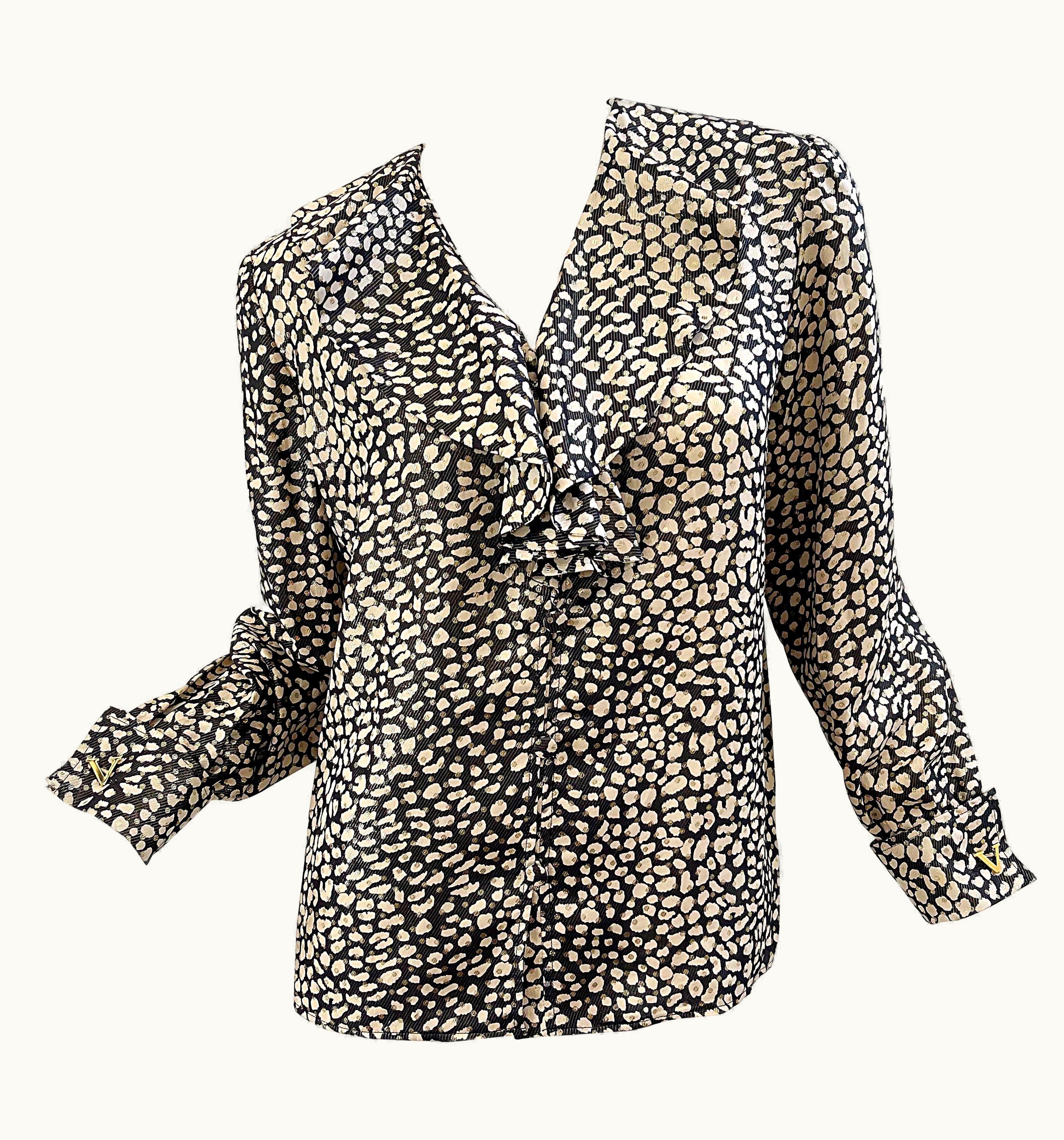 Valentino Valentino 1990s Leopard Animal Print Black Ivory Gold V Cufflinks Silk Blouse