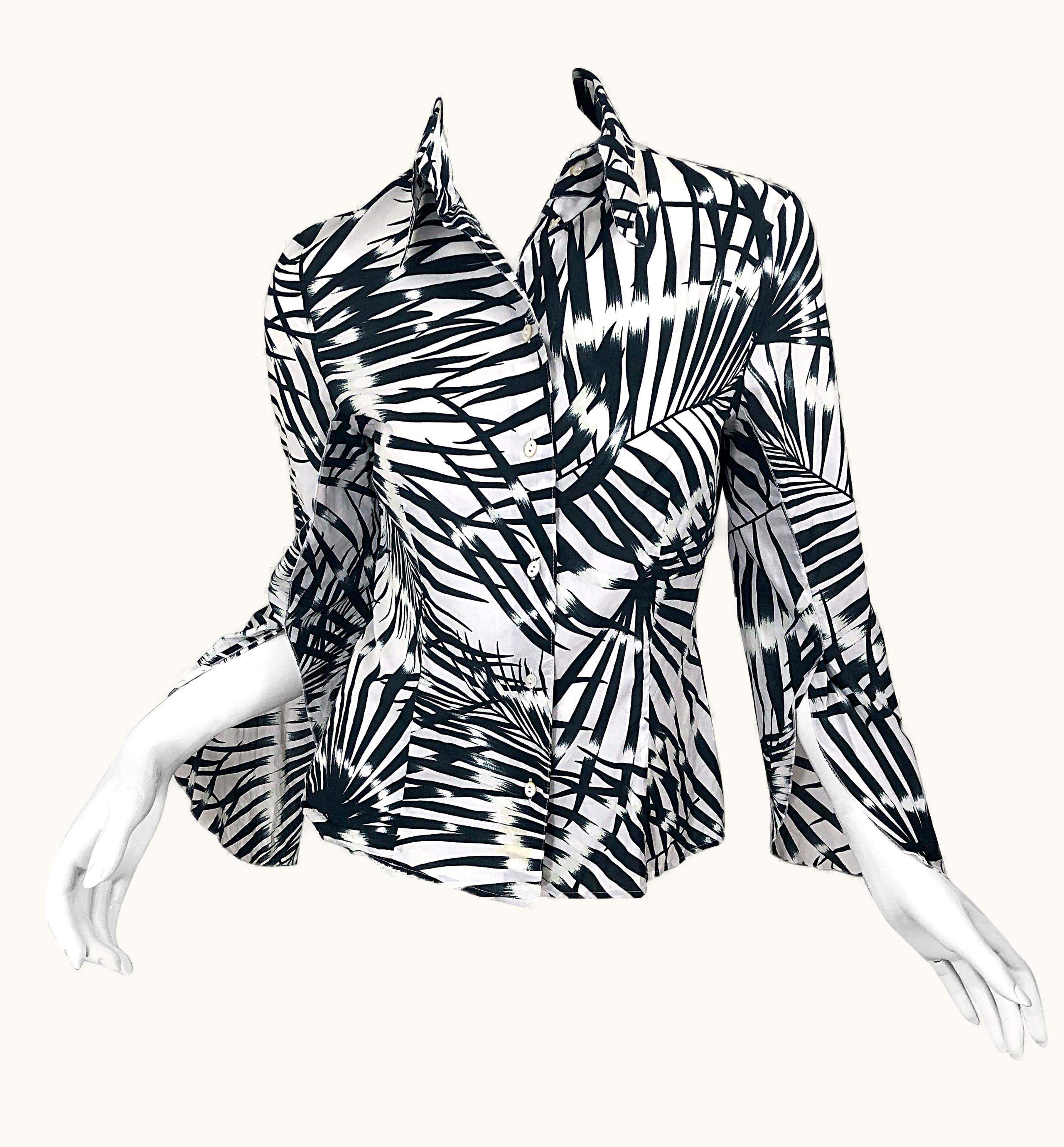 Valentino 1990s Valentino Black And White Palm Print Cotton Long Bell Sleeve Shirt Blouse