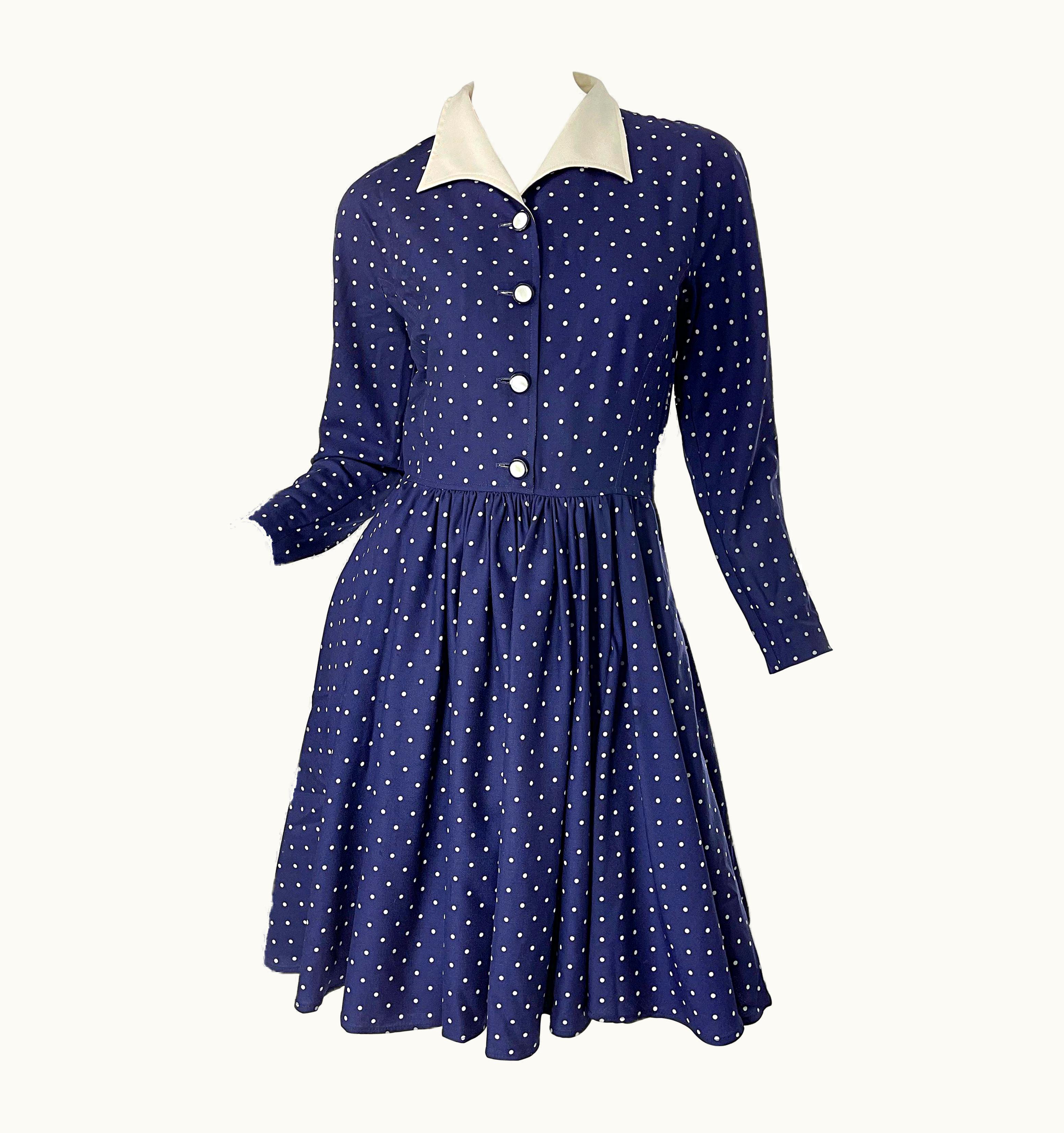 Valentino Vintage Valentino 1990s Does 1940s Navy Blue White Polka Dot 90s Dress
