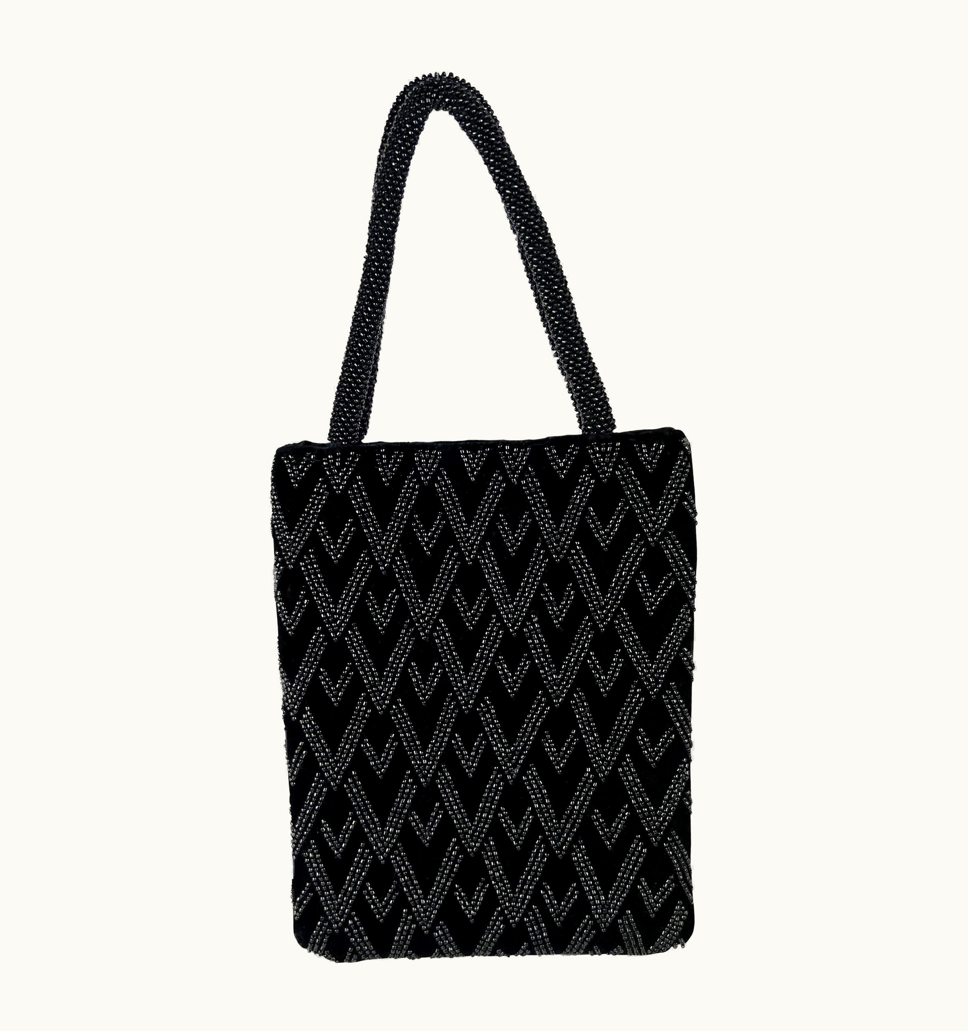 Valentino 1990s Valentino Garavani 'Les Sacs' Black Velvet Beaded 'v' Logo Mini Bag