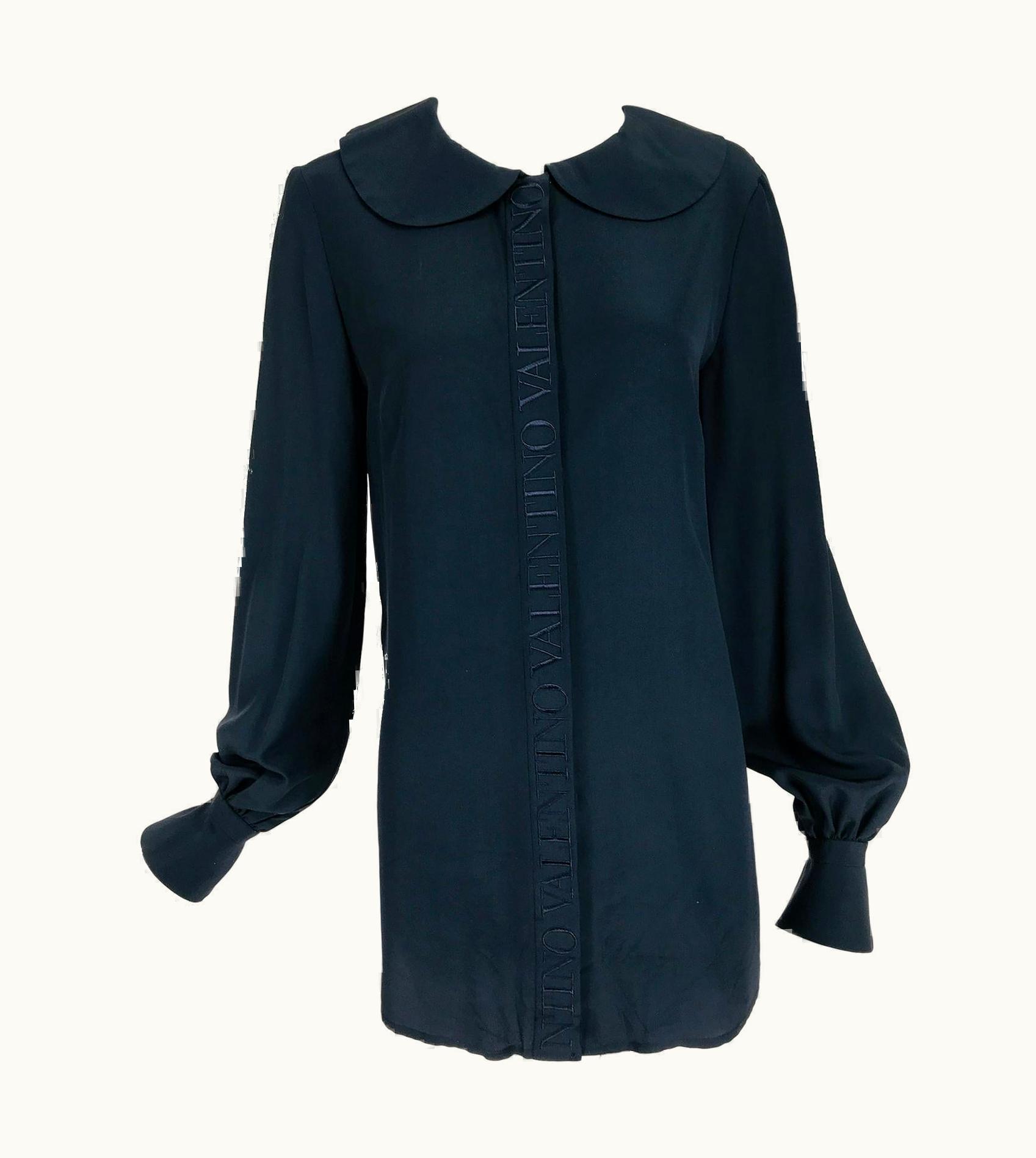 Valentino Vintage Valentino Dark Blue Silk Embroidered Tunic Blouse 1990s