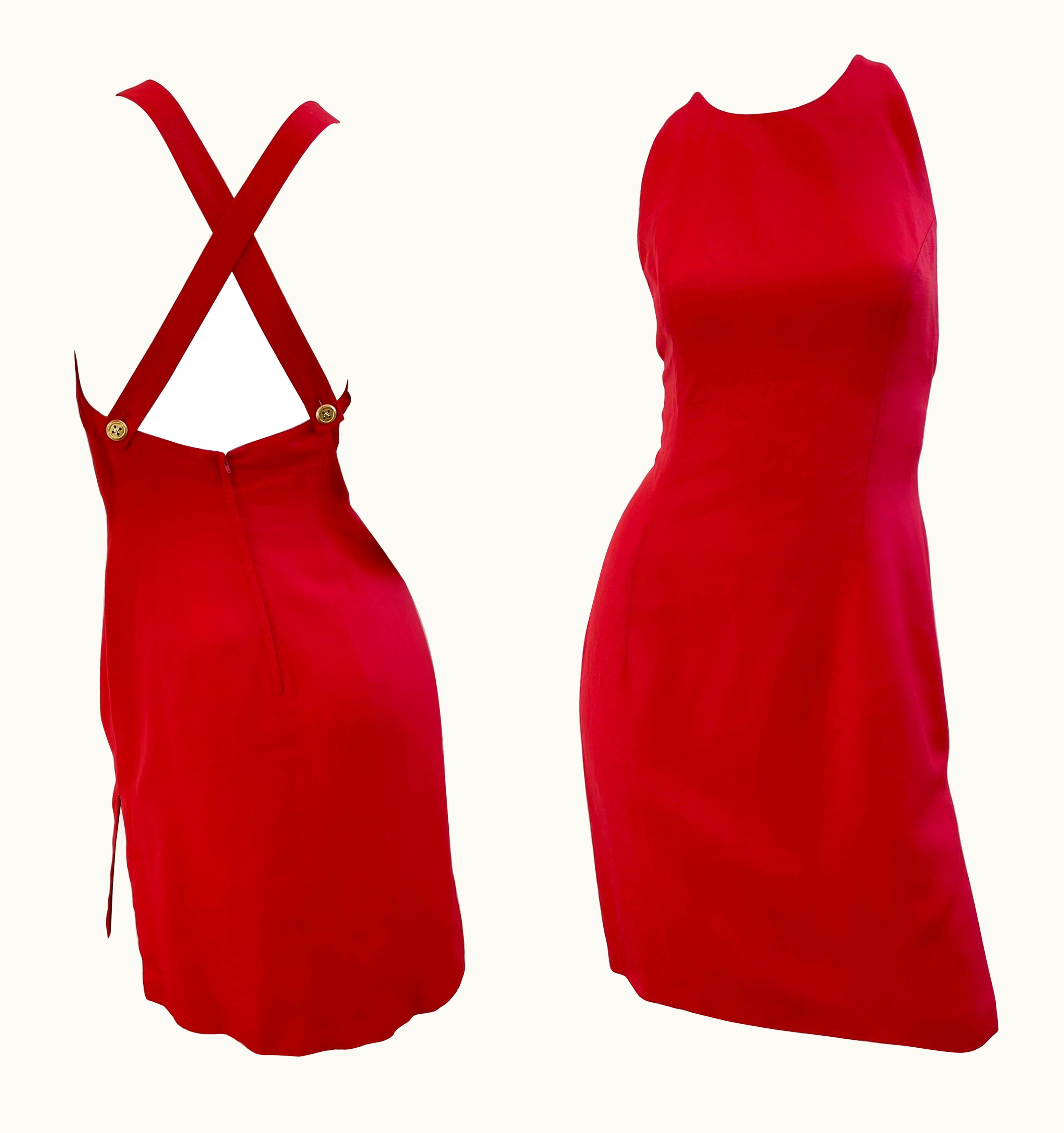 Valentino Valentino 1990s Lipstick Red Linen + Rayon Halter Criss Cross 90s Dress