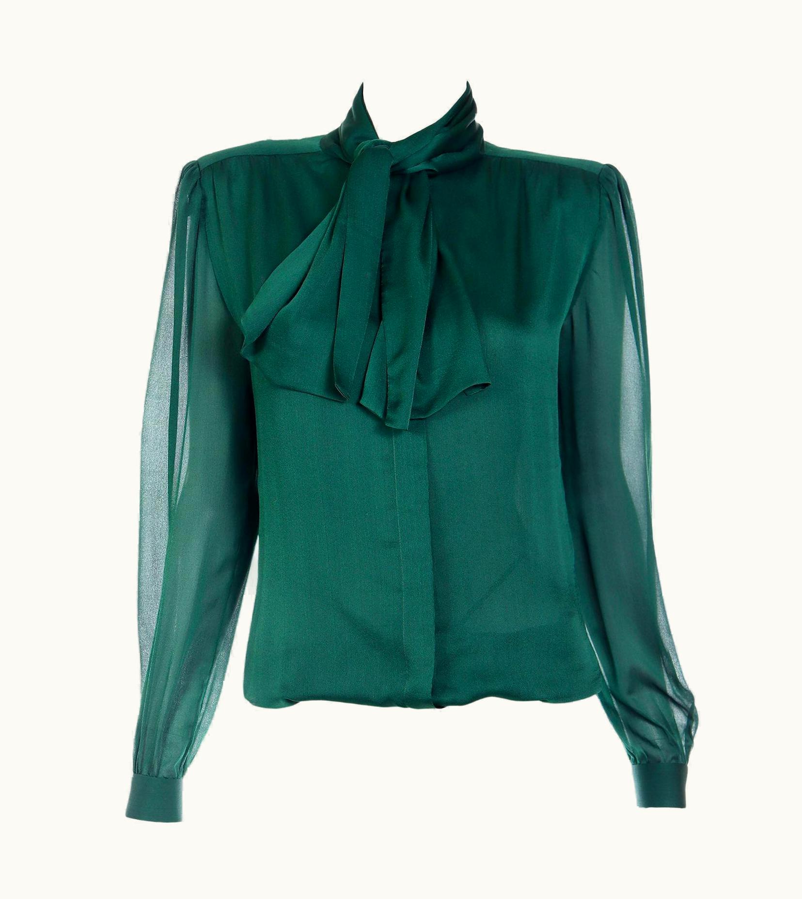 Valentino Valentino Couture Vintage Green Silk Bow Blouse With Sheer Sleeves