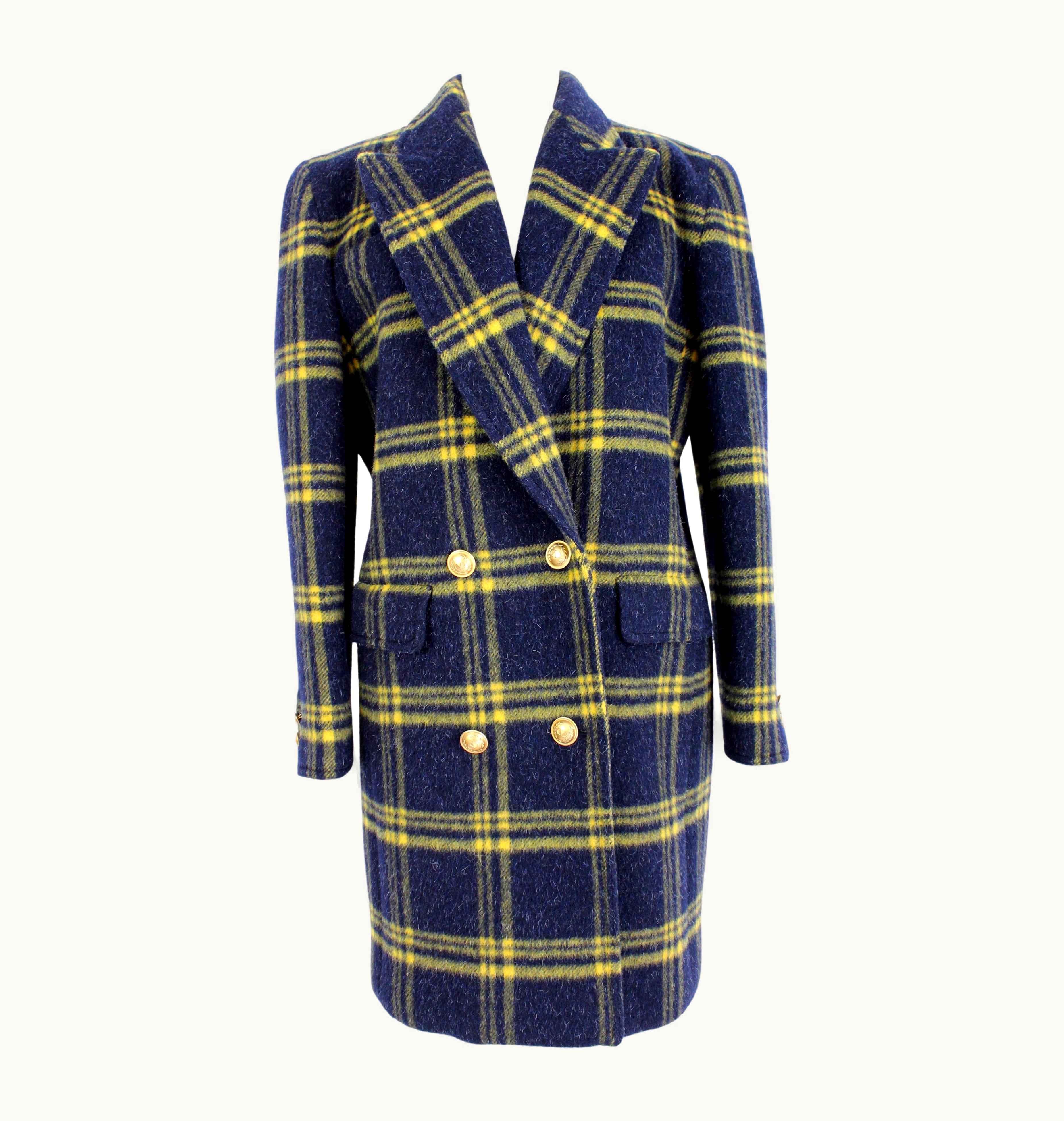 Valentino Valentino Blue Yellow Alpaca Wool Check Double Breasted Coat