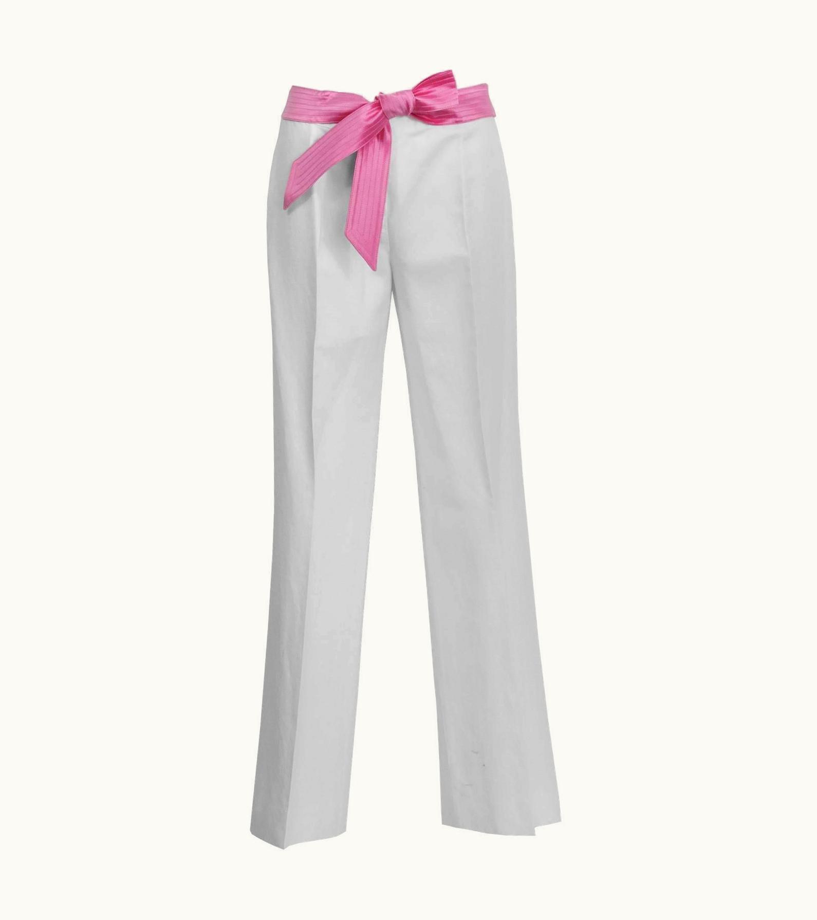 Valentino 1990' Valentino Cream Linen Trousers With Pink Ribbon Belt
