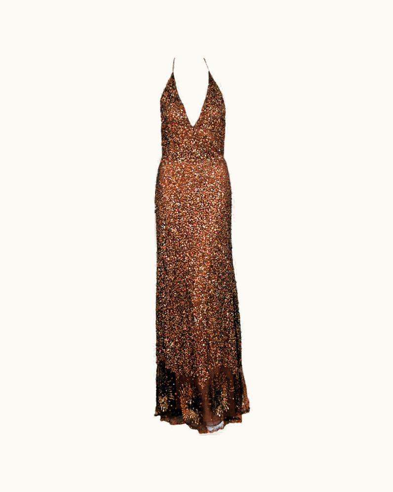 Valentino 1990' Valentino Couture Metallic Bronze Sequin Backless Gown