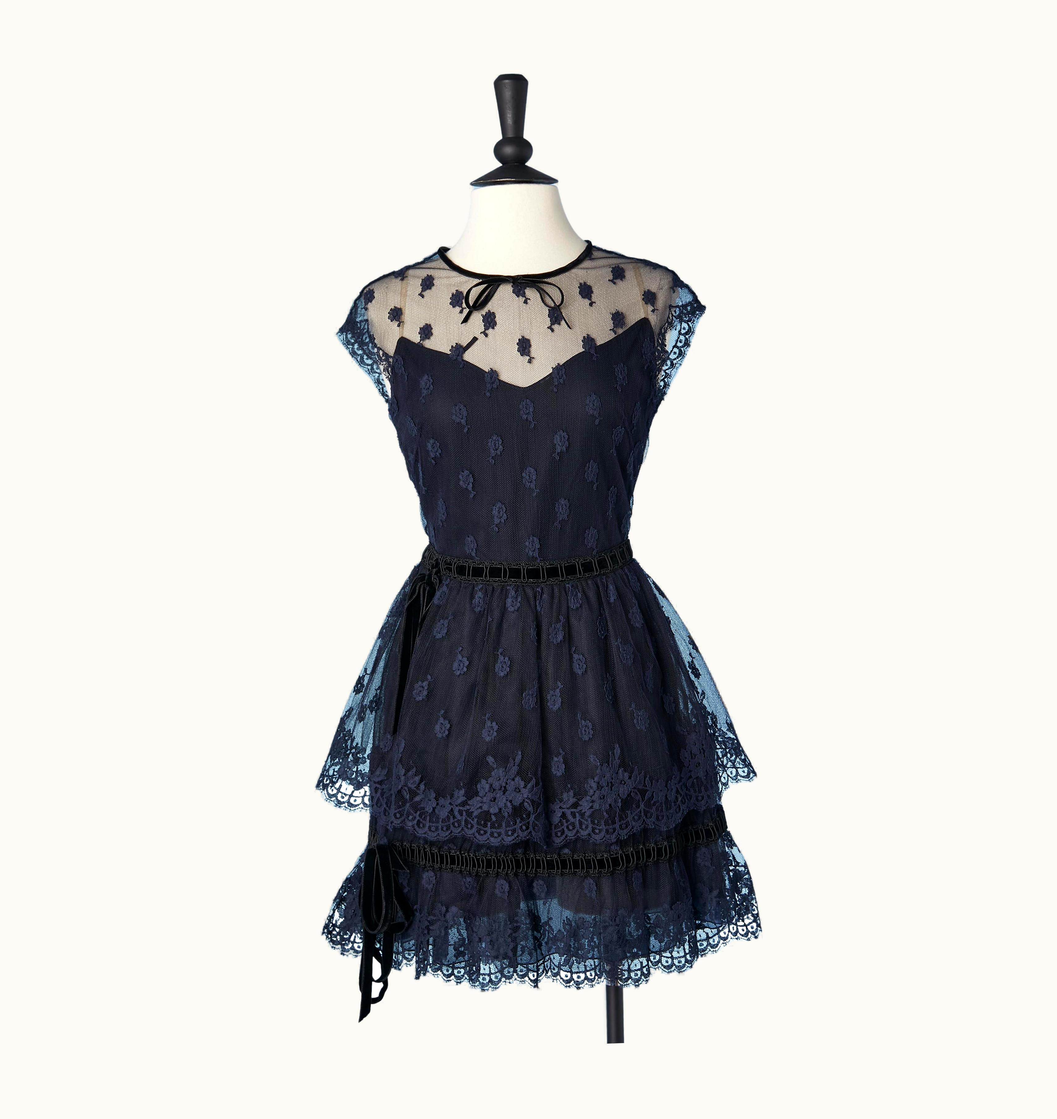Valentino Navy Blue Cocktail Dress In Lace With Black Ribbons And Ruffles Valentino