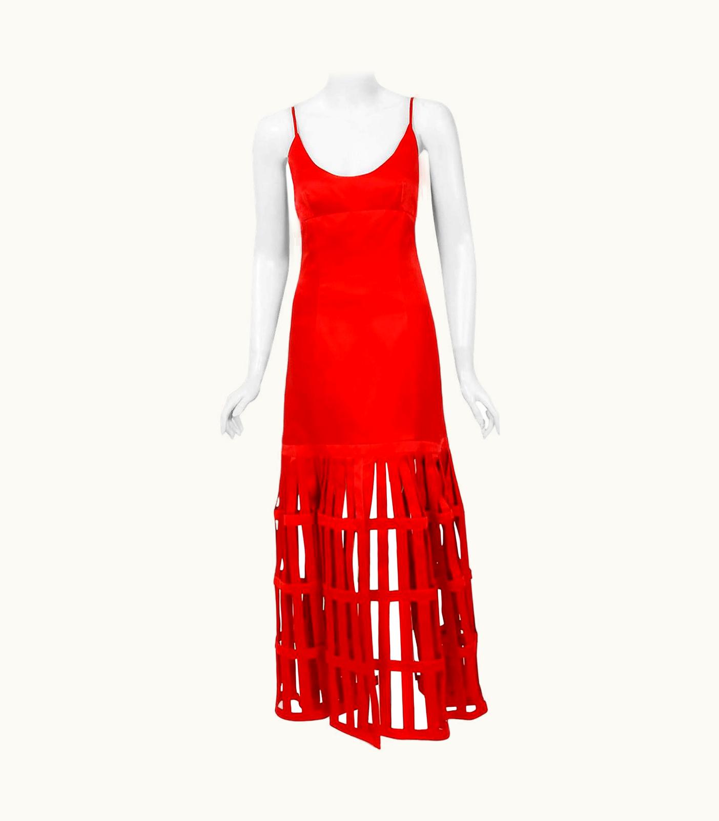 Valentino Vintage 1992 Valentino Boutique Red Silk Birdcage Cut-Out Backless Maxi Dress