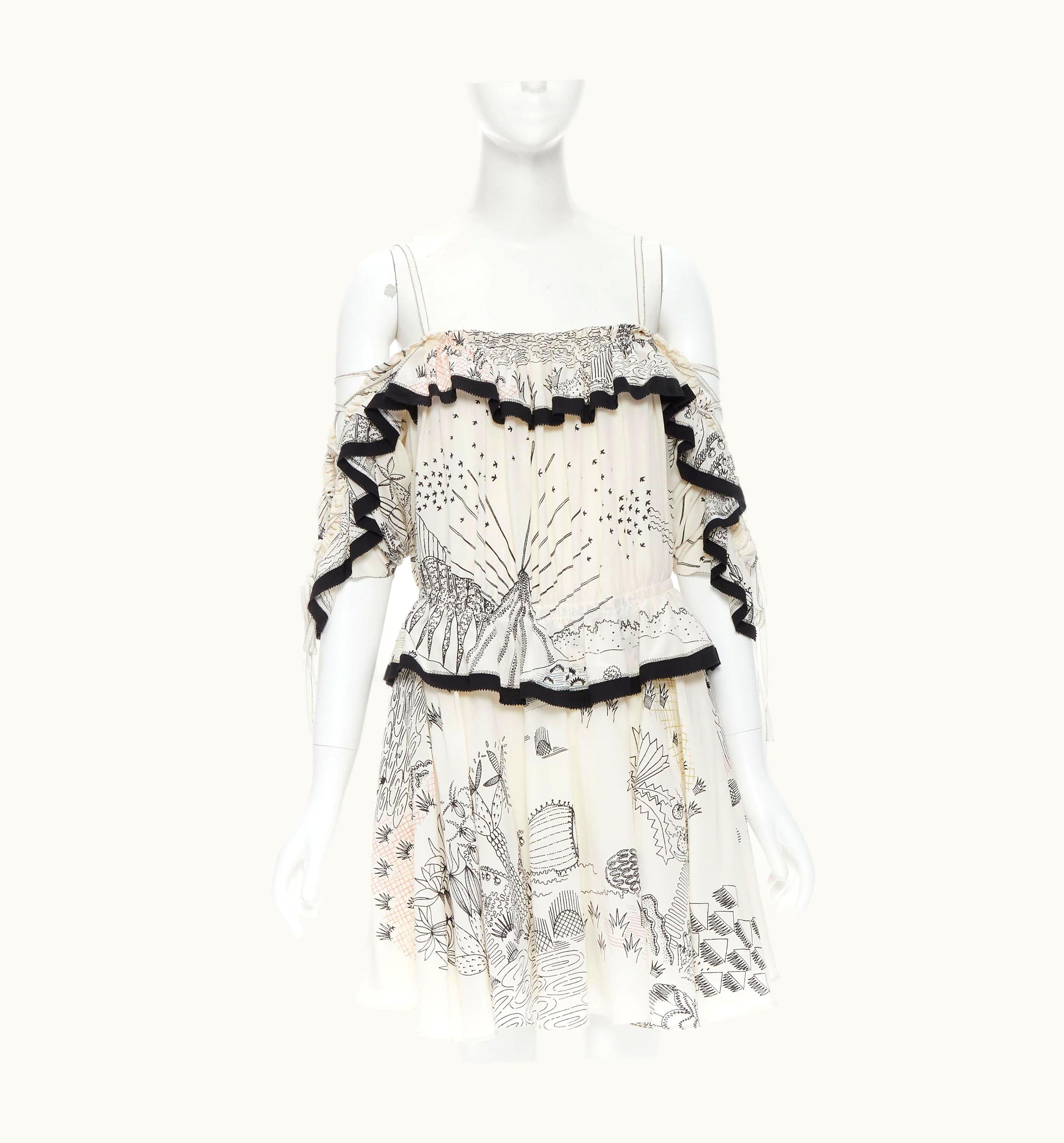 Valentino Valentino Garden Illustration Print Silk Off Shoulder Lace Up Dress