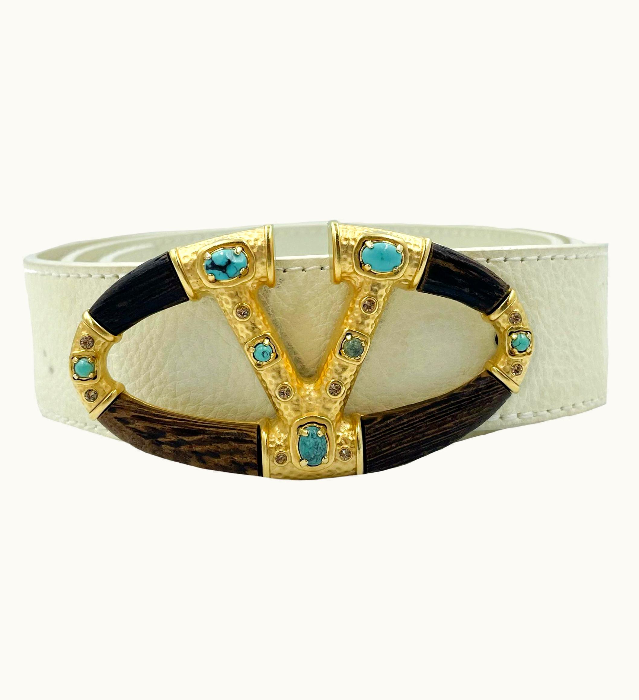 Valentino Vintage Valentino Garavani Off White Leather Stones Decorated Buckle Belt, 2000s