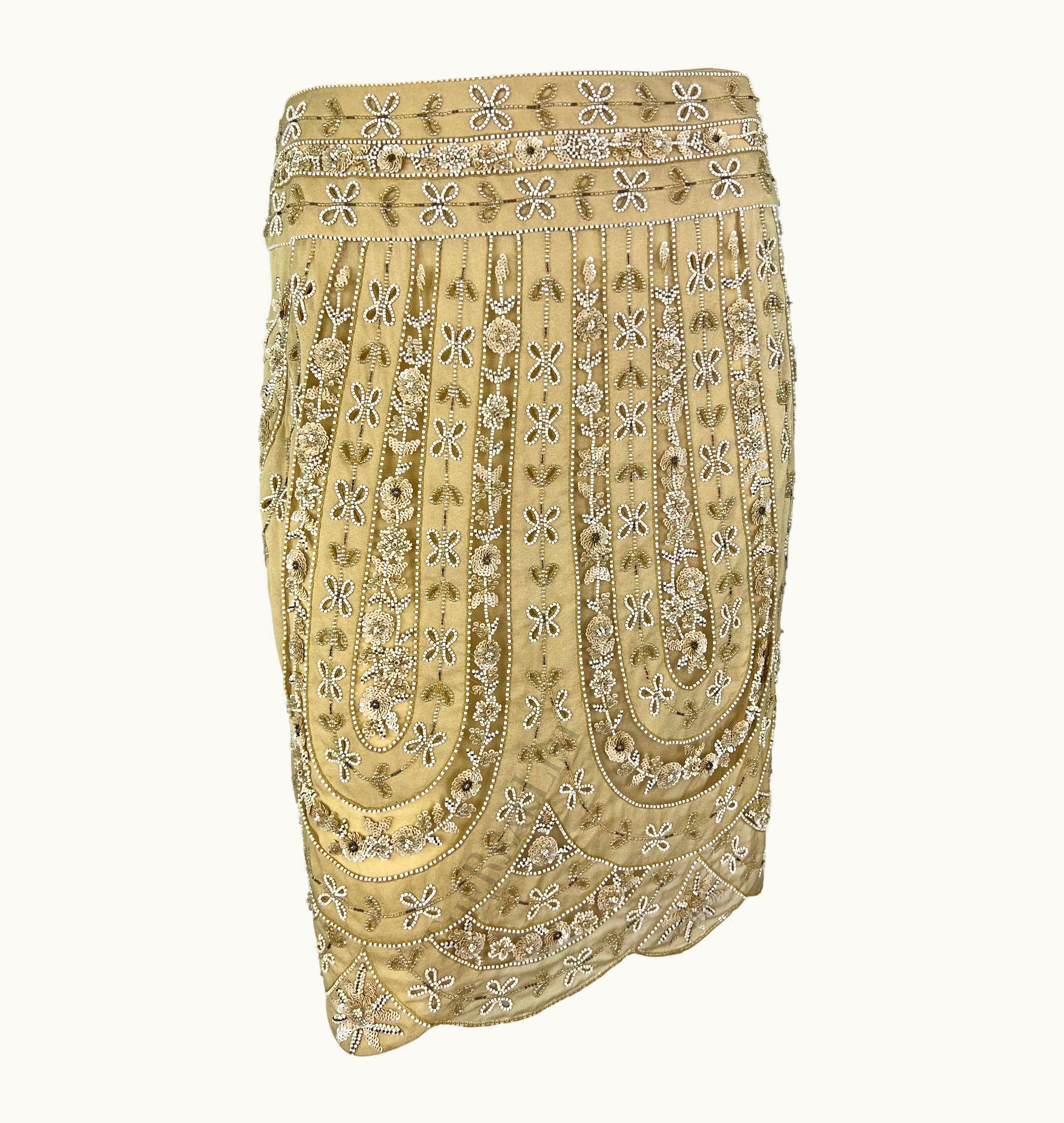 Valentino Early 2000s Valentino Garavani Tan Sheer Panel Floral Beaded Skirt