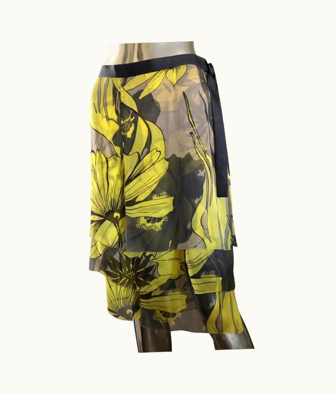 Valentino Valentino Italy Signature Chartreuse Floral Silk Print Tiered Skirt