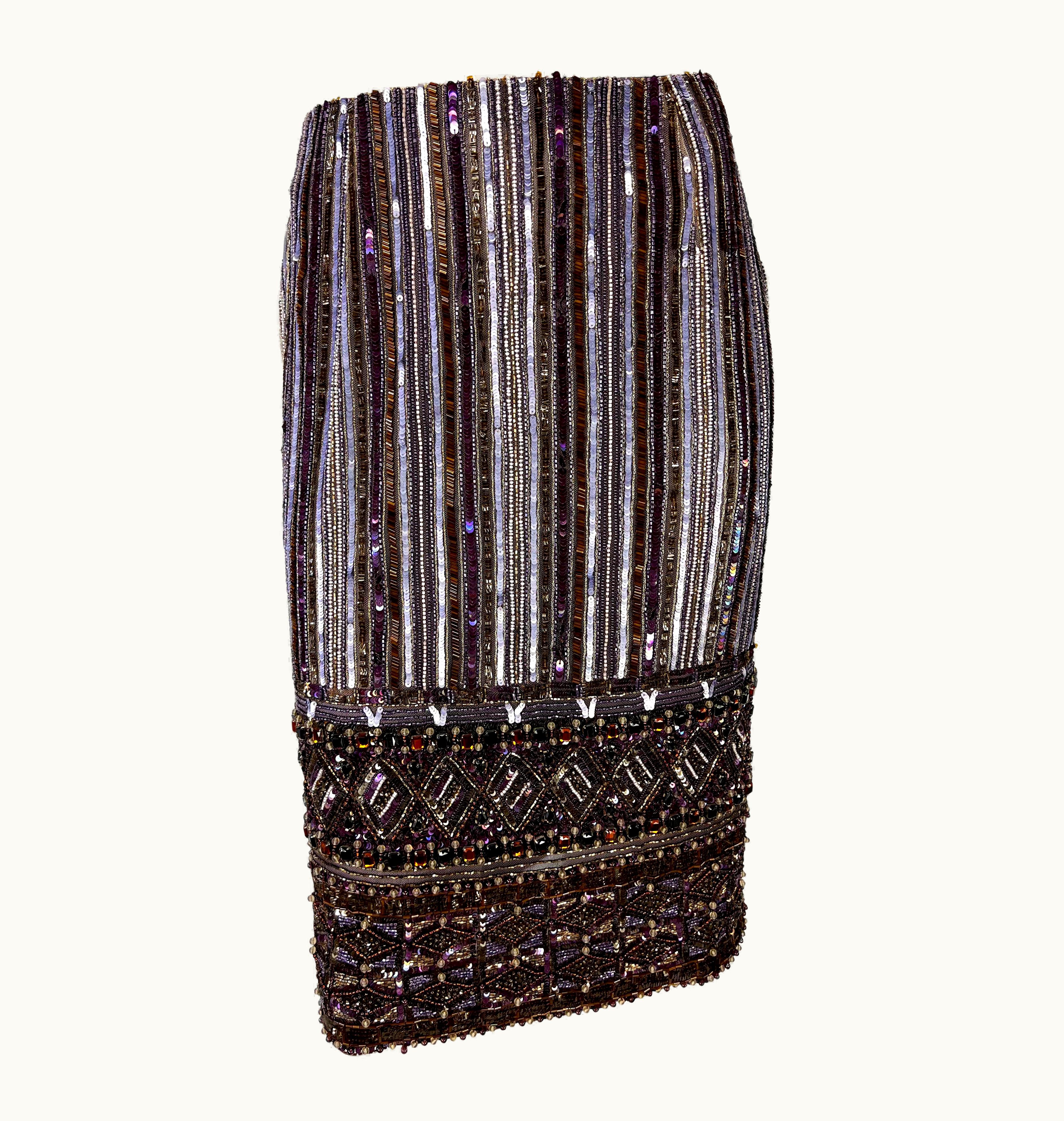 Valentino Early 2000s Valentino Garavani Aubergine Rhinestone Heavily Beaded Pencil Skirt