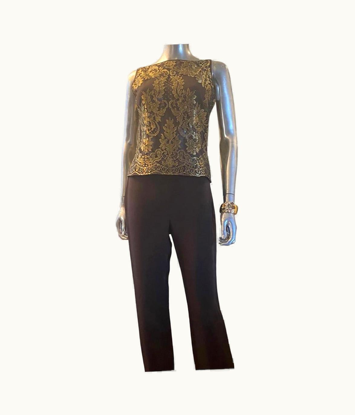 Valentino Valentino Italy Chocolate & Metallic Gold Blouse And Trouser Set -8