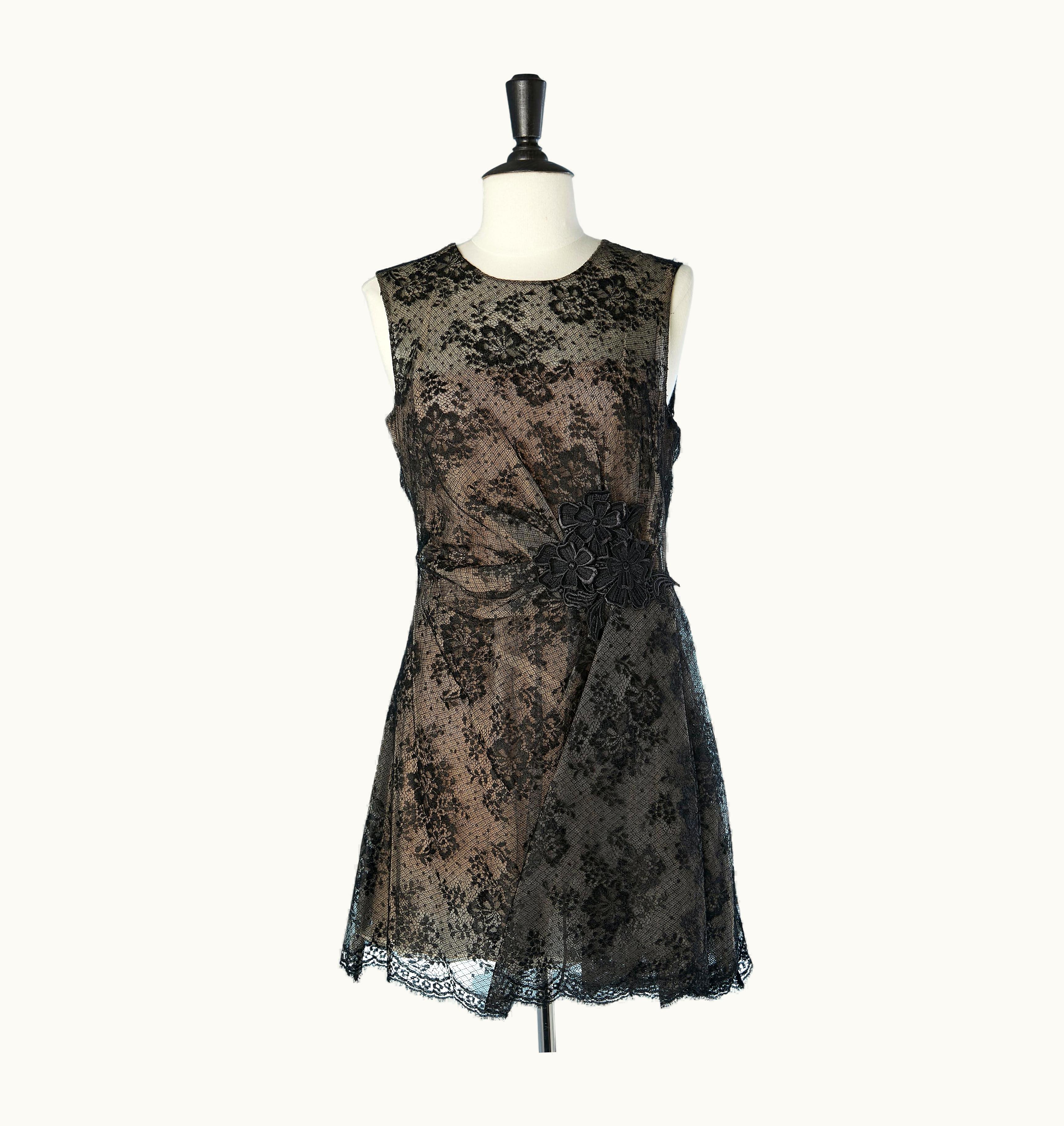 Valentino Black Lace Cocktail Dress With Nude Silk Lining And Flower Embroidery Valentino