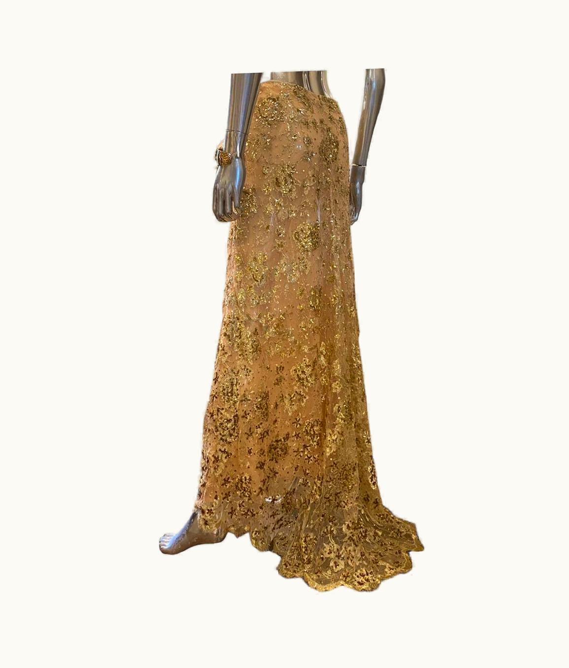 Valentino Valentino Nude Lace Skirt With Train Hand Beaded Sequins Gold Embroidery
