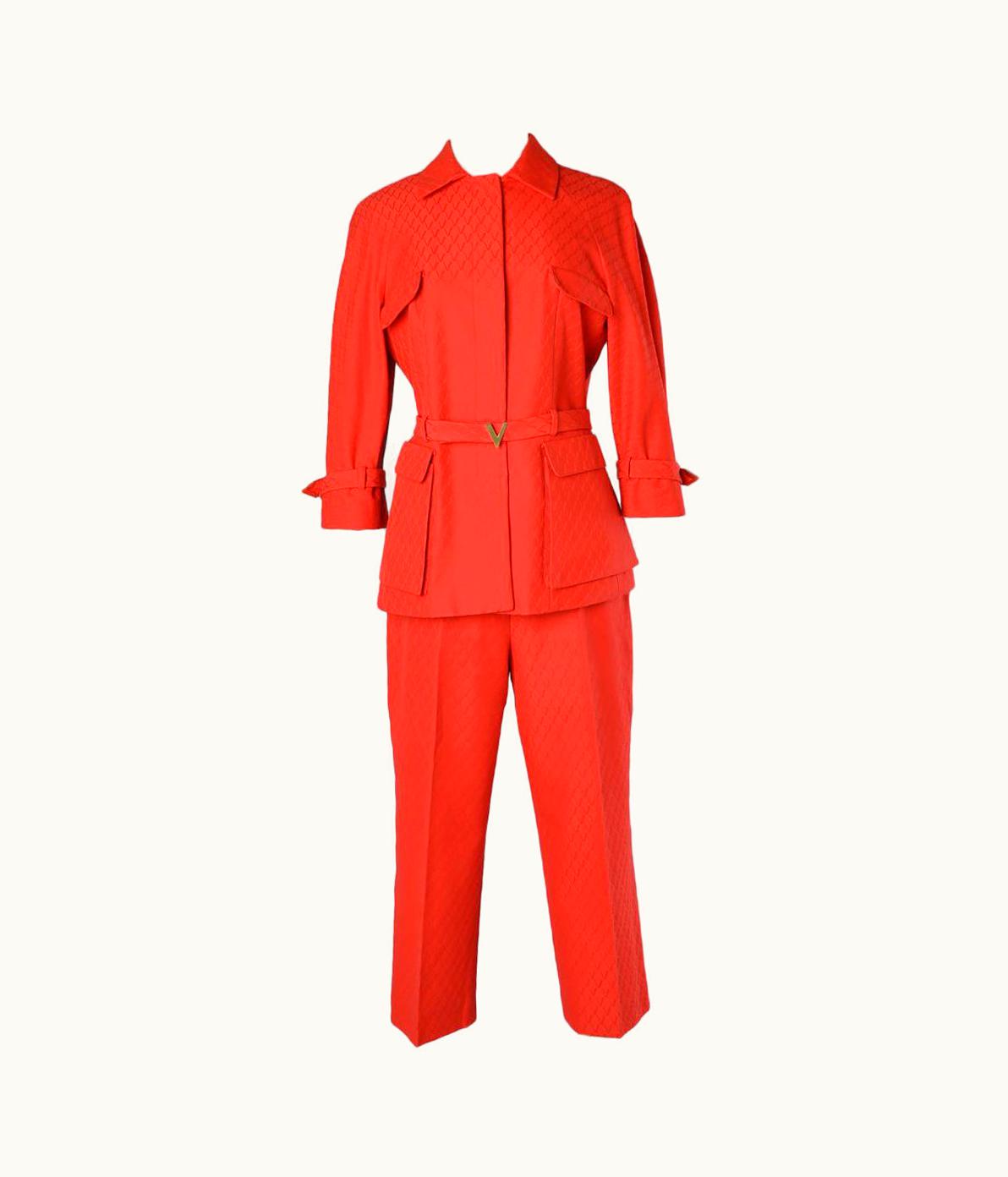 Valentino Red Cotton Jacquard Trouser- Suit With Belt Valentino Roma