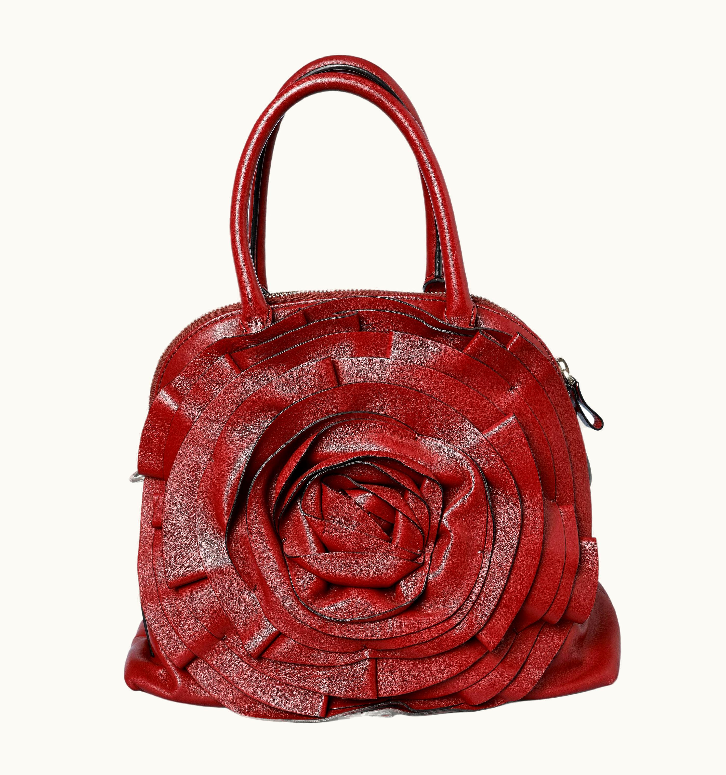 Valentino Burgundy Hand Leather Bag With Giant Rose In Leather Valentino Garavani