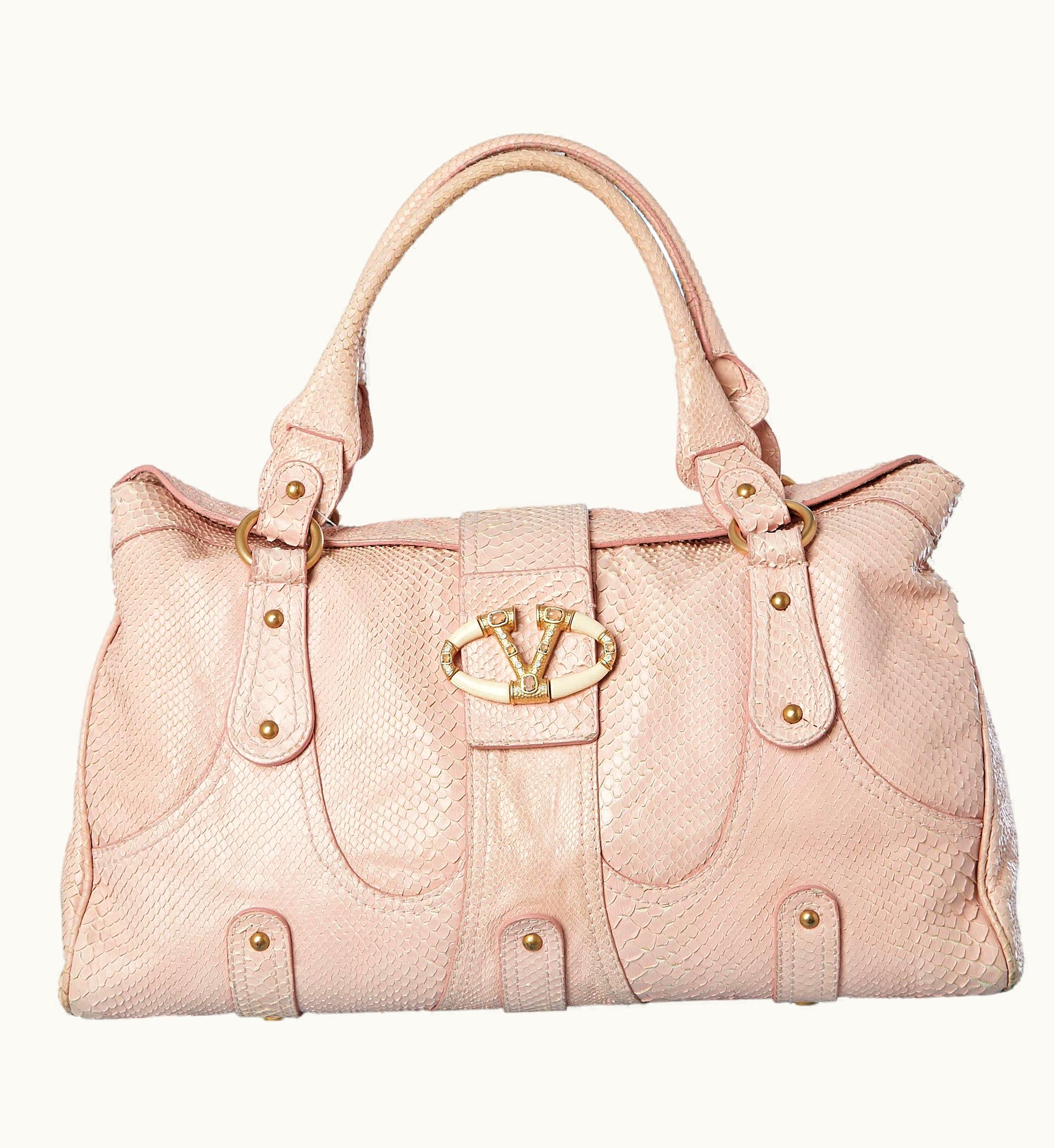 Valentino Pink Python Large Hand- Bag With Rhinestone And Metal Brand Valentino Garavani