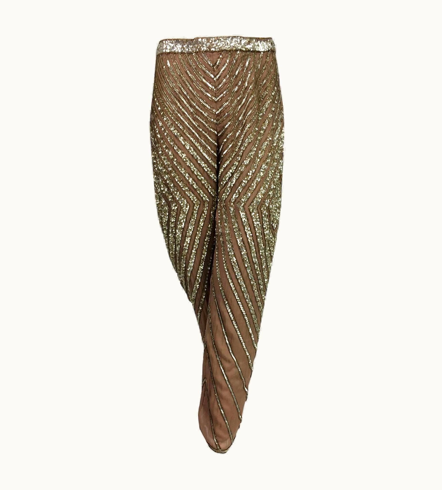 Valentino Valentino S/S 2001 Nude Silk Chiffon Gold Bead Silver Sequin Trouser Look
