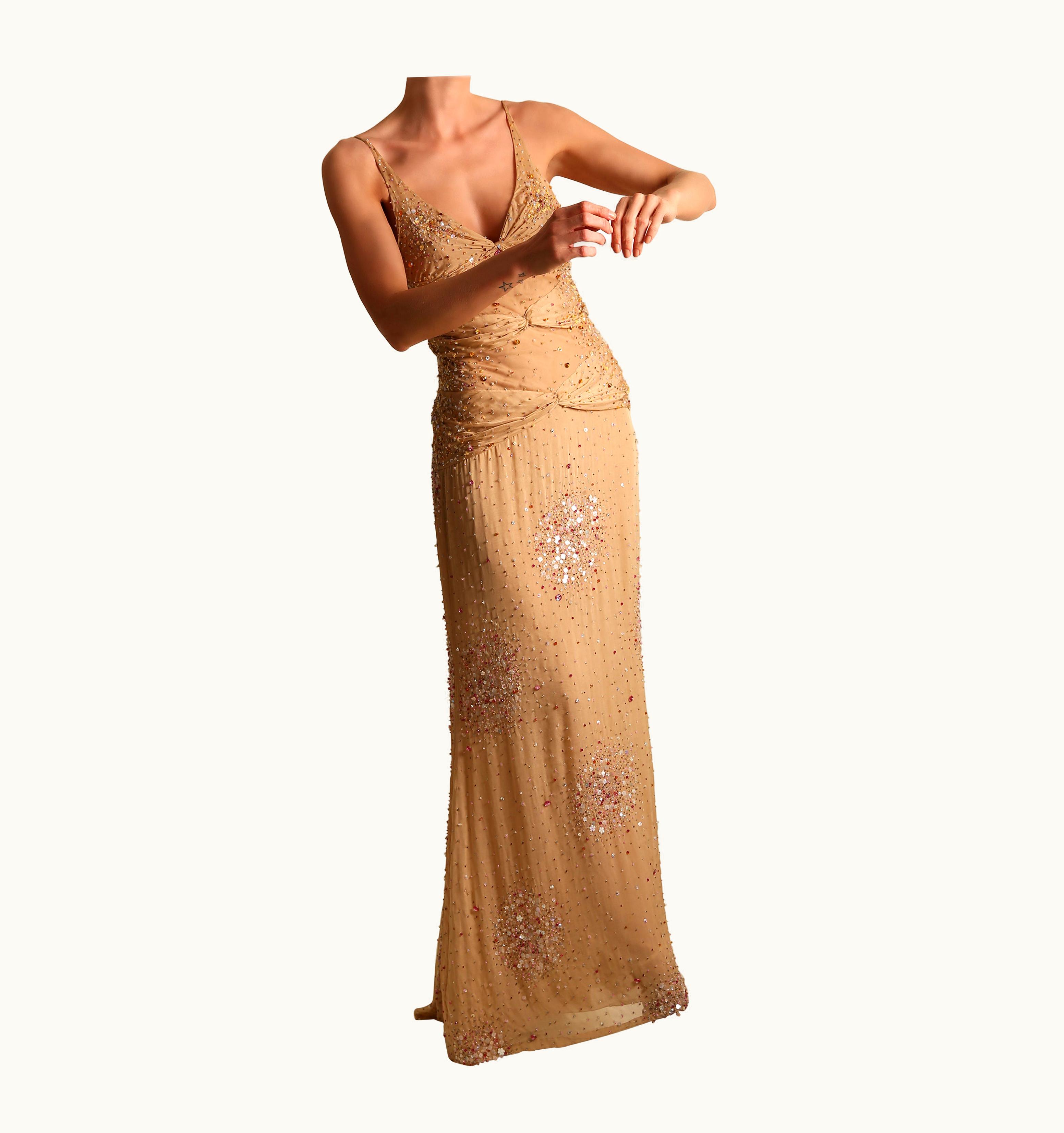 Valentino Vintage Valentino S/S Nude Cut Out Sheer Sequin Embellished Plunging Dress Gown