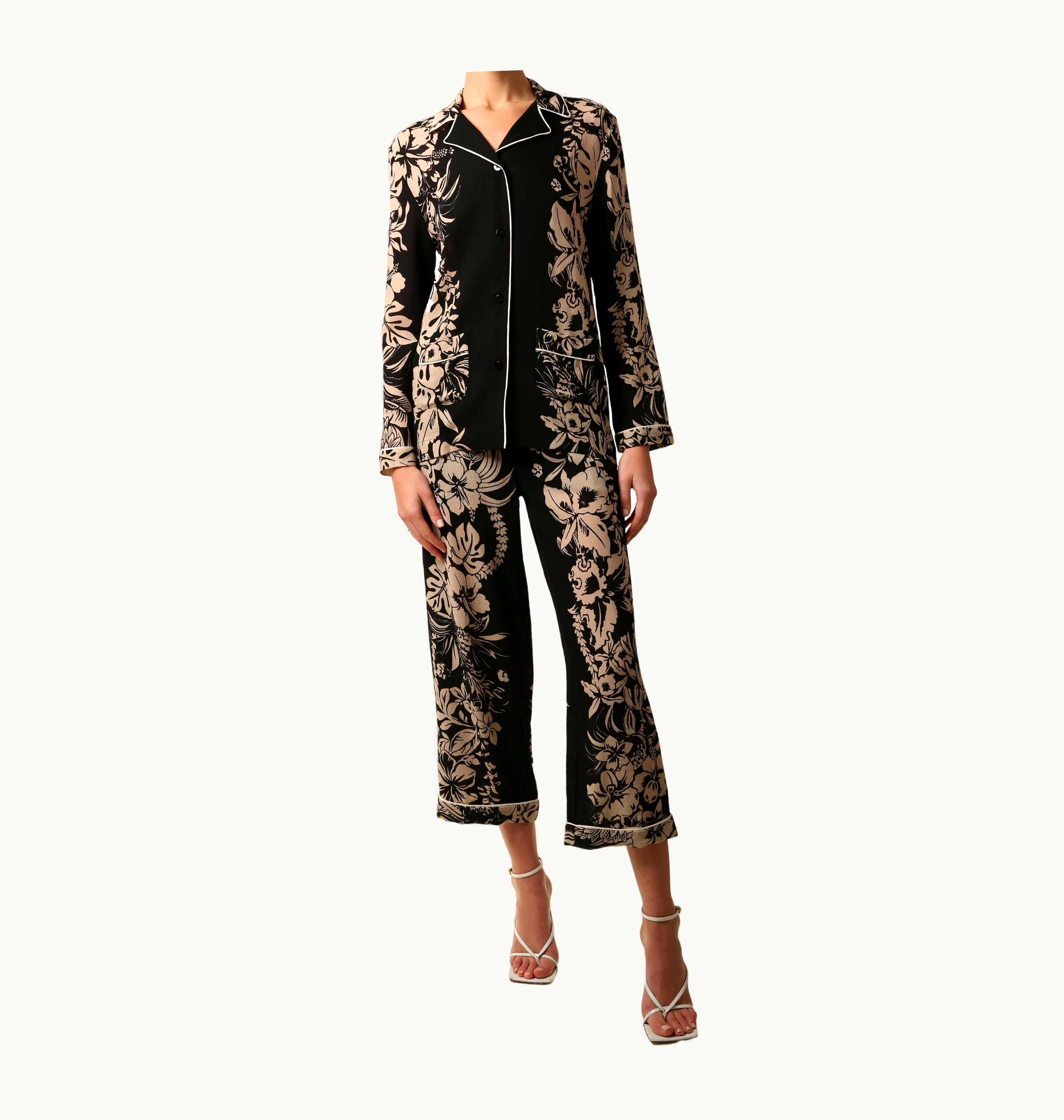 Valentino Valentino Pyjama Style Black Nude Floral Print Blouse Wide Dress Pants Jumpsuit