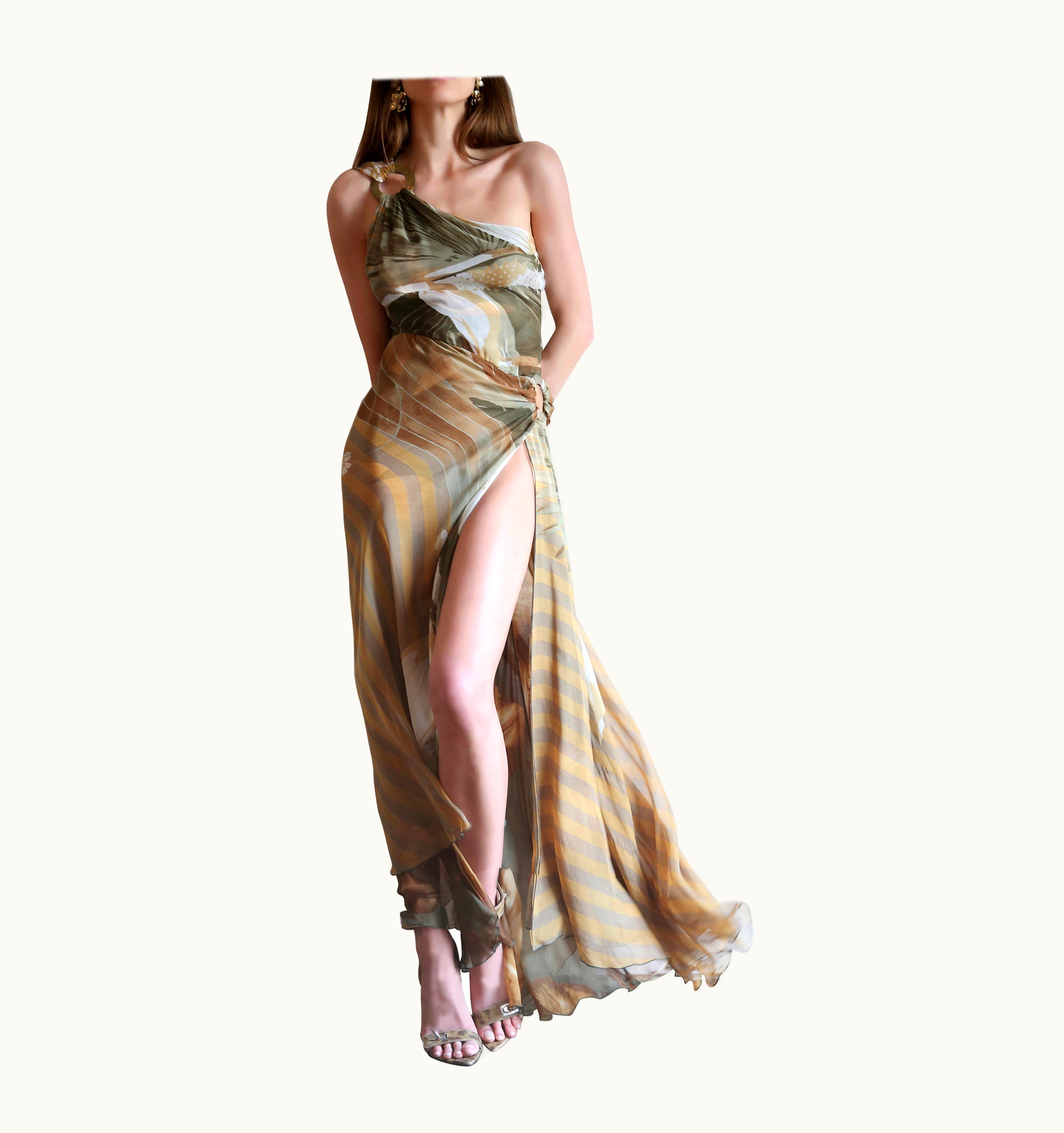 Valentino Valentino 2003 One Shoulder Thigh High Slit Silk Floral Sheer Gown Maxi Dress