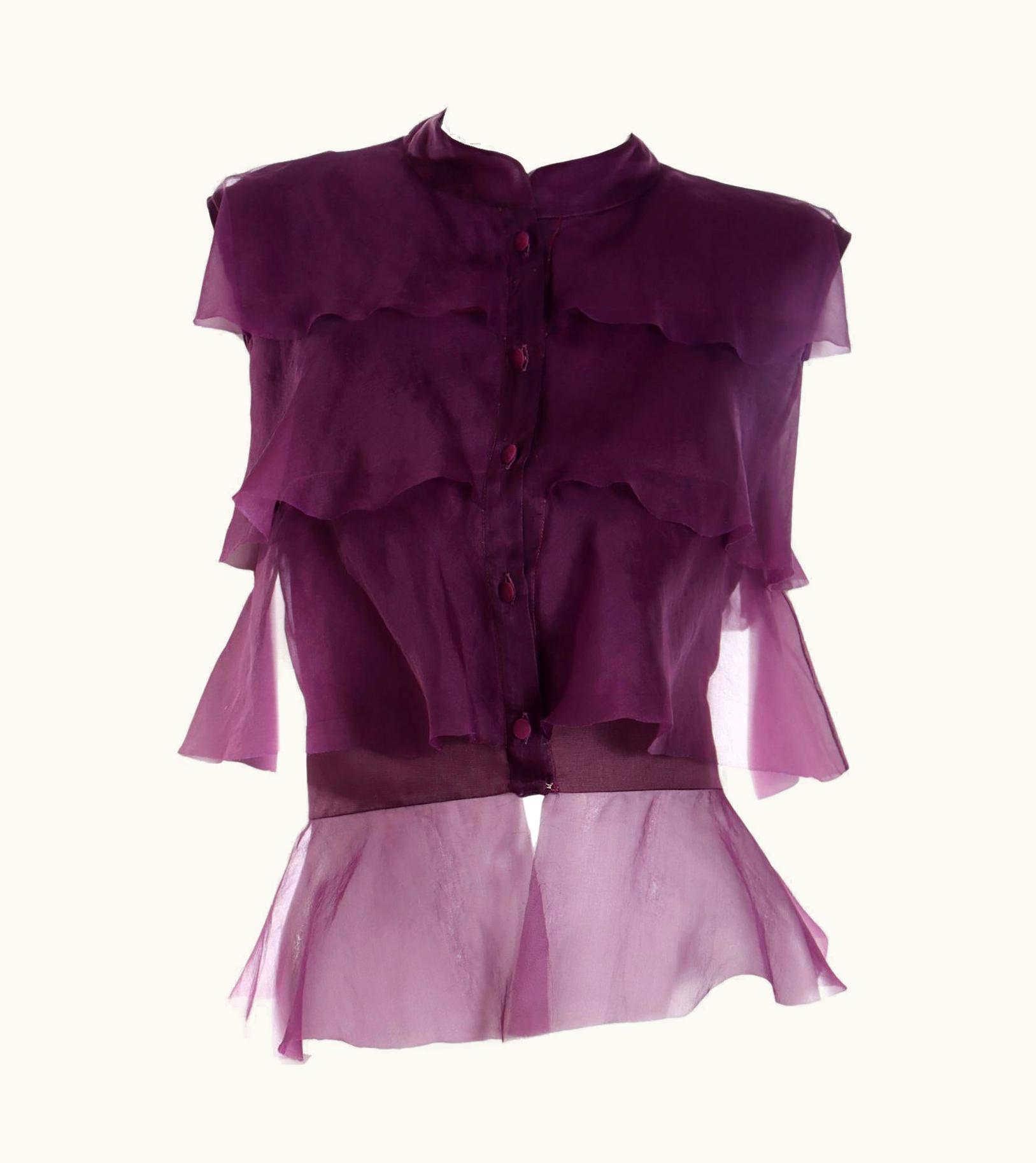 Valentino Valentino 2005 Purple Silk Ruffled Organza Top Sleeveless Runway Blouse