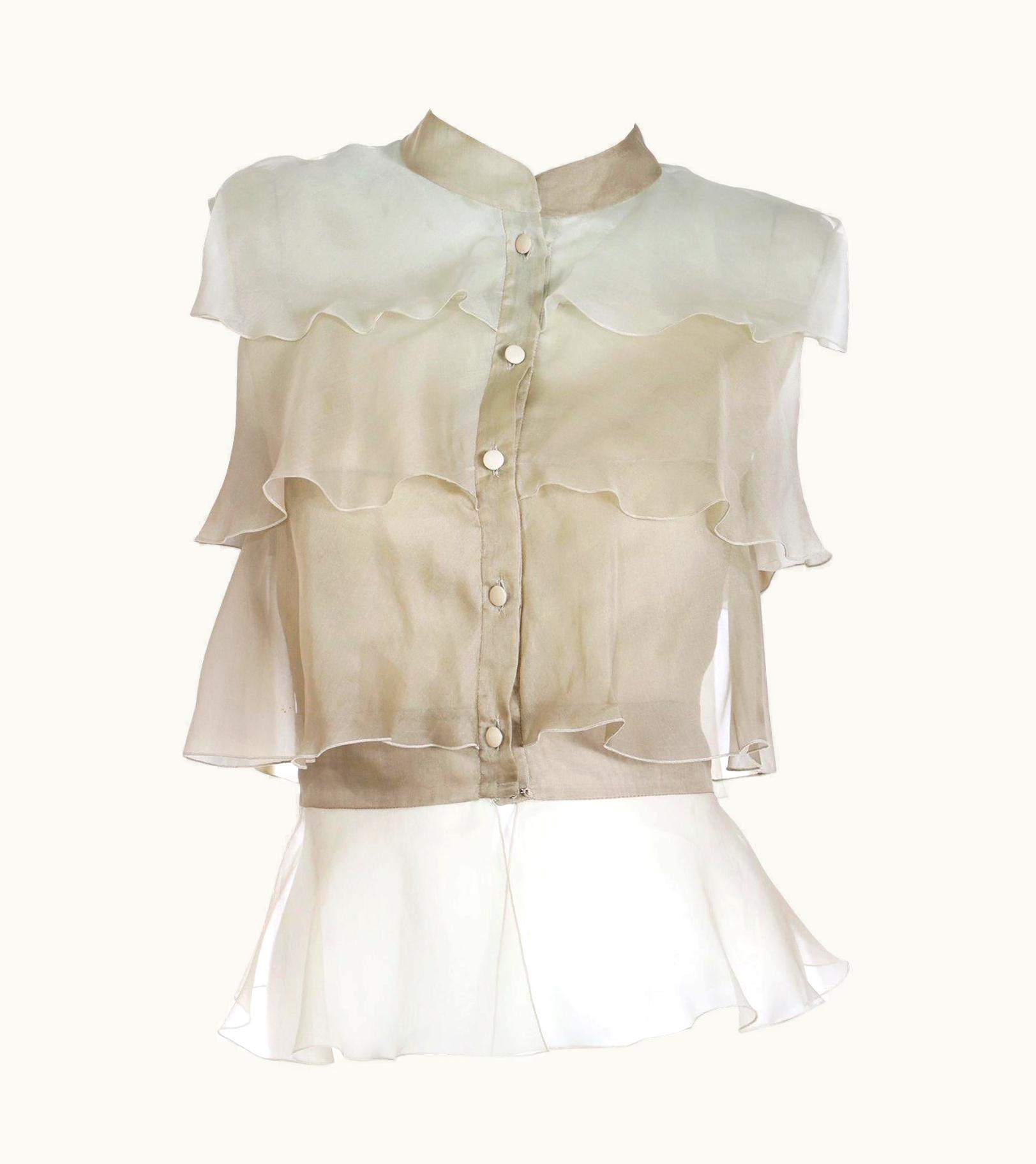 Valentino 2005 Valentino Silk Organza Ruffled Muted Green Sleeveless Runway Blouse