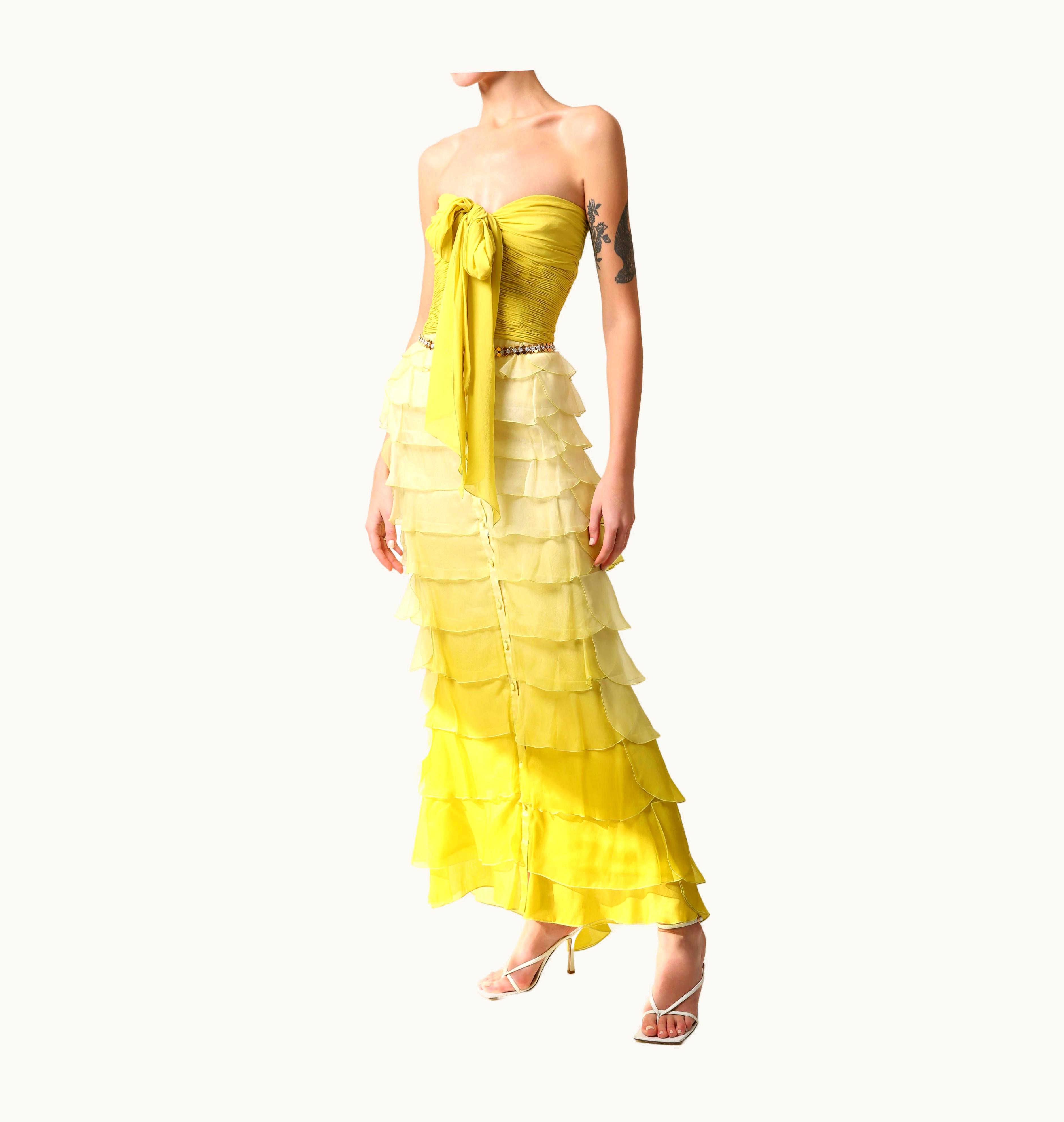 Valentino Valentino S/S 2005 Yellow Chartreuse Strapless Ruffle Bustier Silk Gown Dress