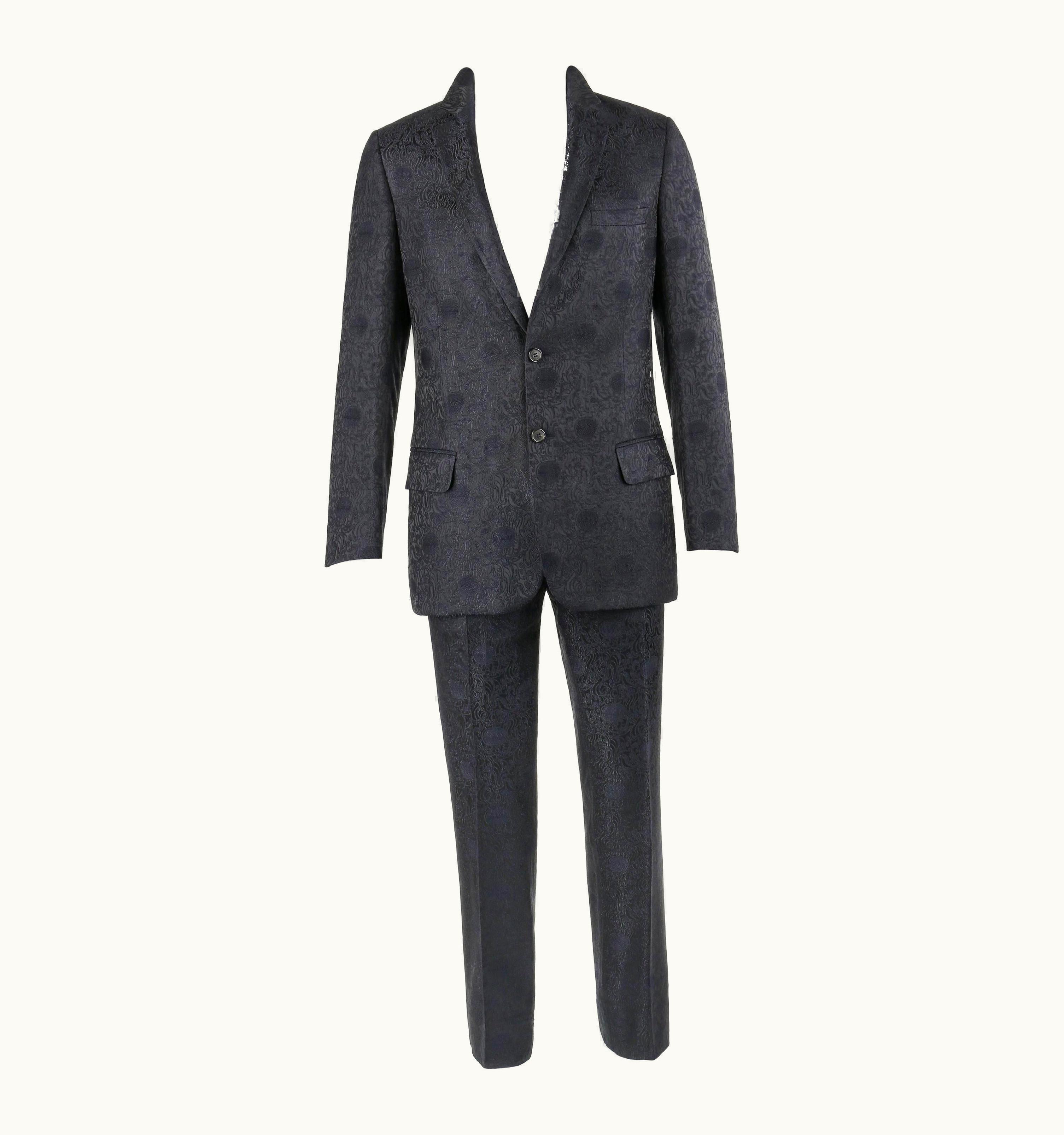 Valentino Valentino AW 2005 2 Pc Black & Navy Blue Jacquard Silk Jacket Pant Suit Set