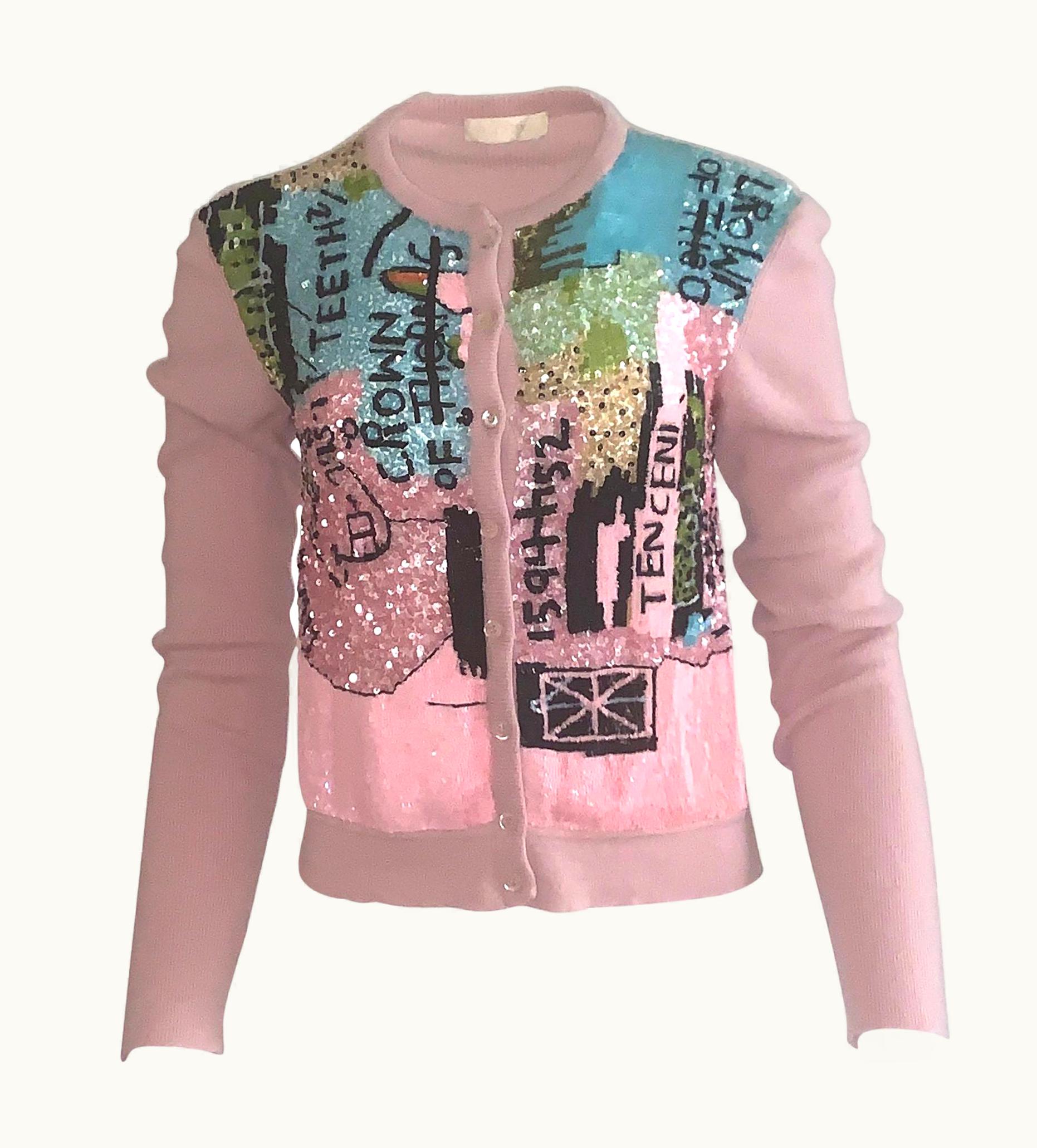 Valentino Basquiat Graffiti Print Sequin Mauve Pink Cardigan Sweater 2006