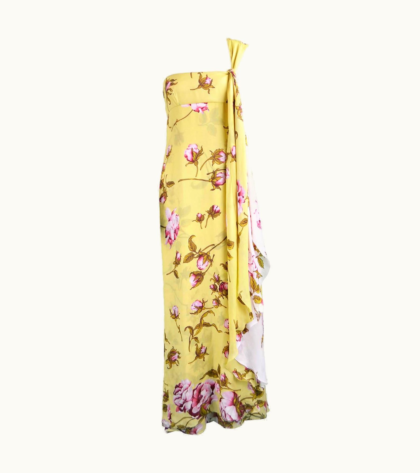 Valentino Yellow & Baby Pink Floral Silk One Shoulder Maxi Gown, Spring 2006