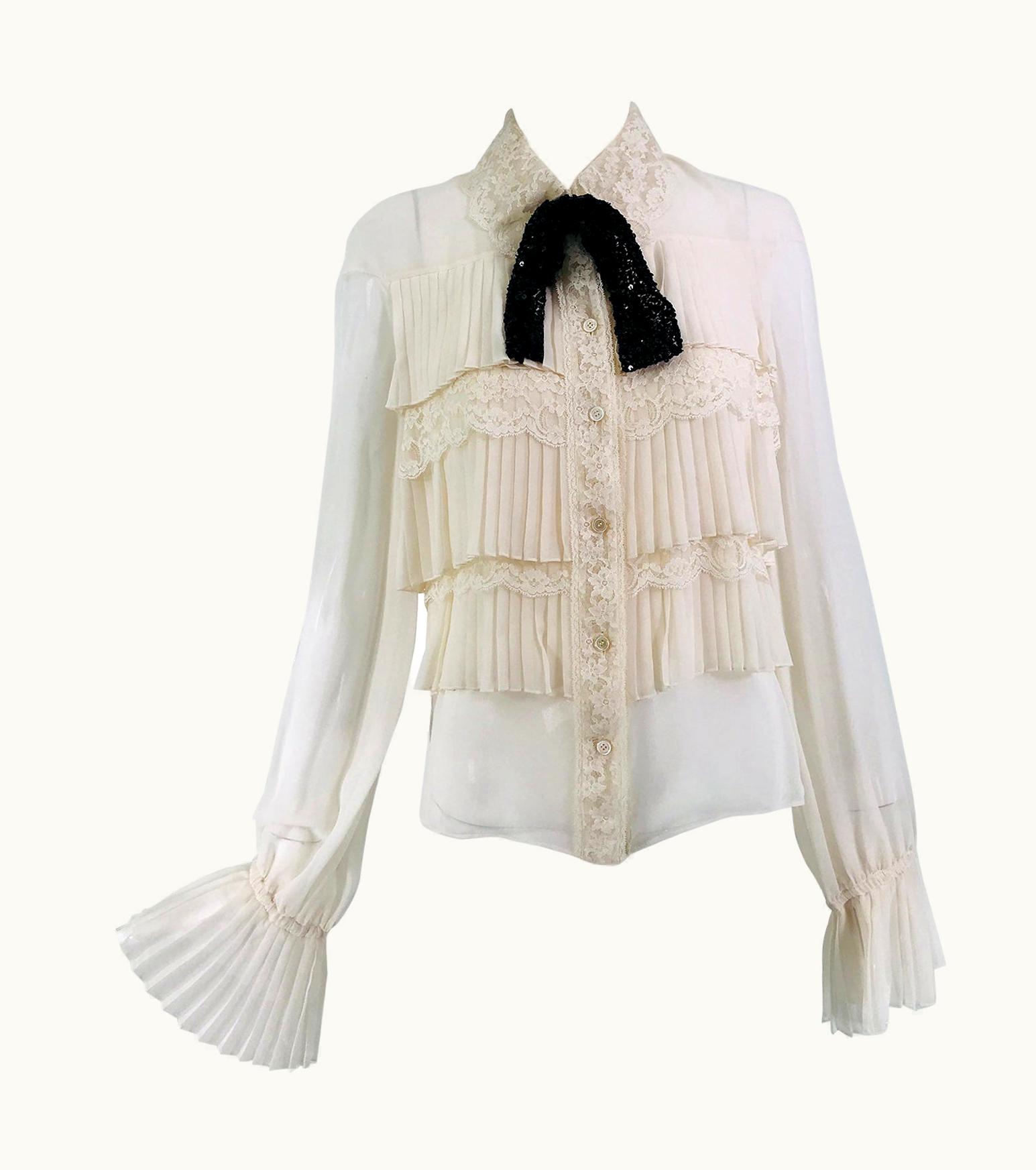 Valentino AW 2006 Off White Silk Pleated Front Black Sequin Bow Tie Blouse Uwt