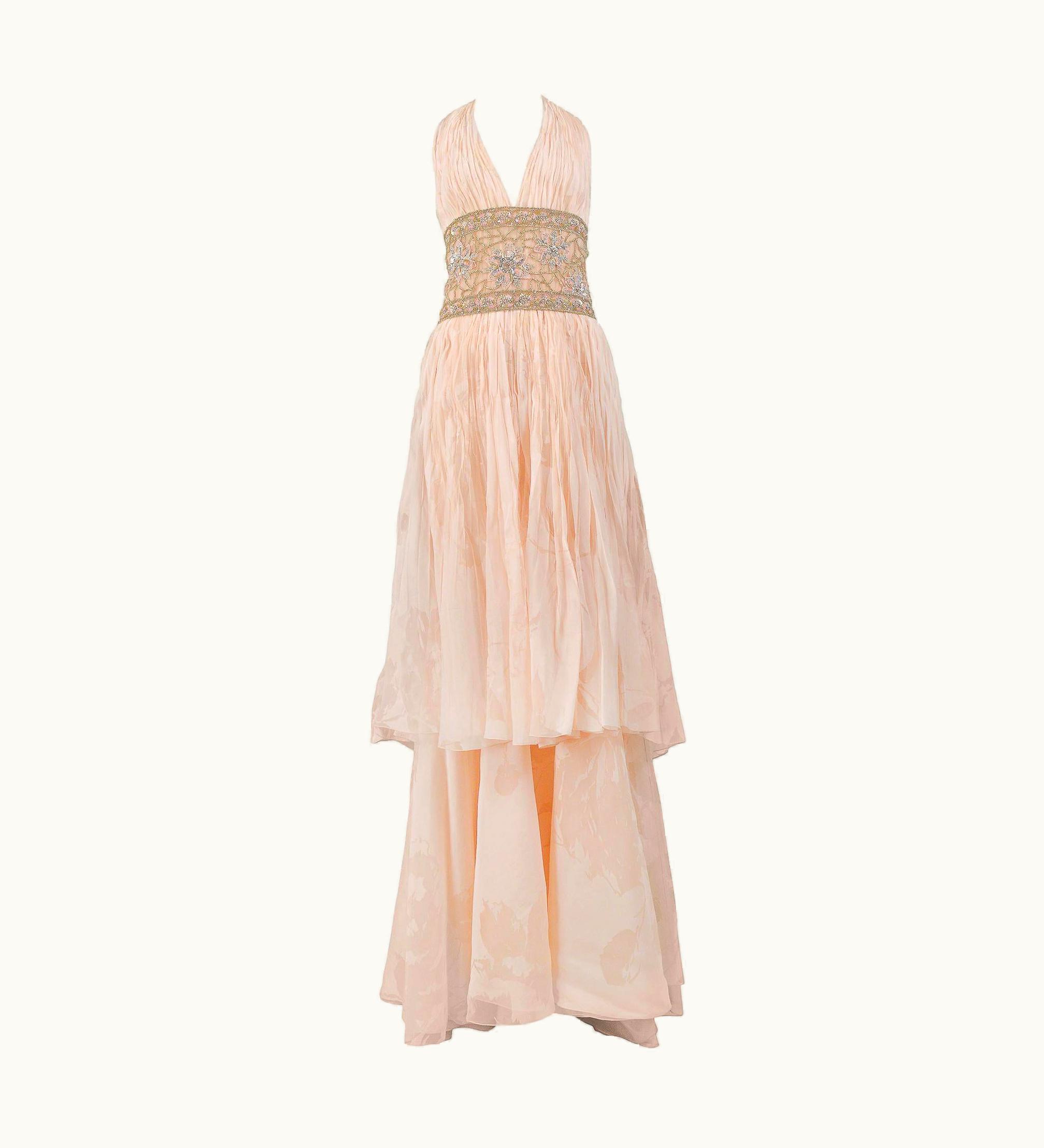 Valentino Peach Floral Silk Runway Evening Gown With Beaded Belt 2007